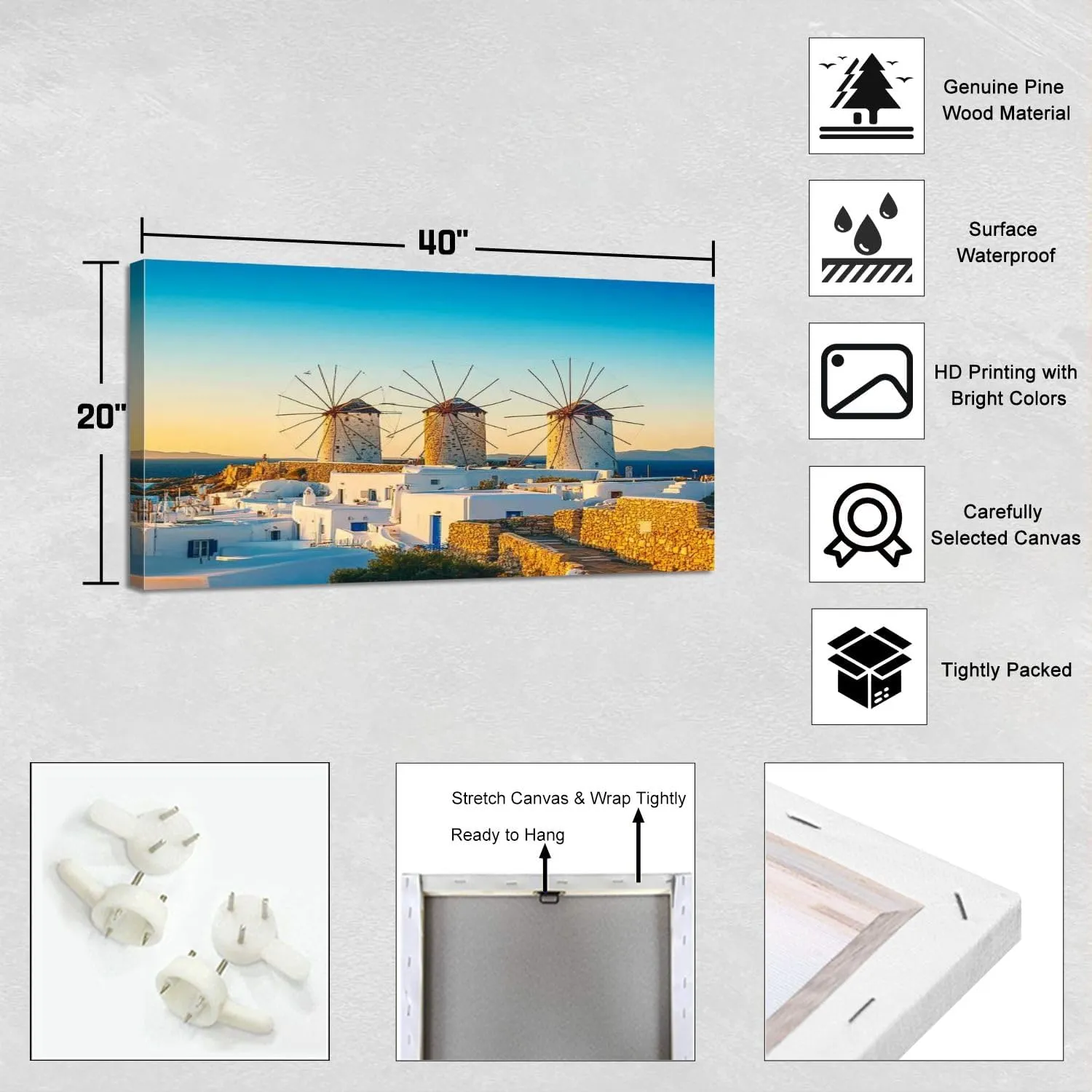 Canvas Wall Art Windmills Mykonos town Mykonos island Greece Framed Artwork Landscape Wall Paintings Modern Wall Decor Ready to Hang Posters for Living Room Bedroom 20"x40"