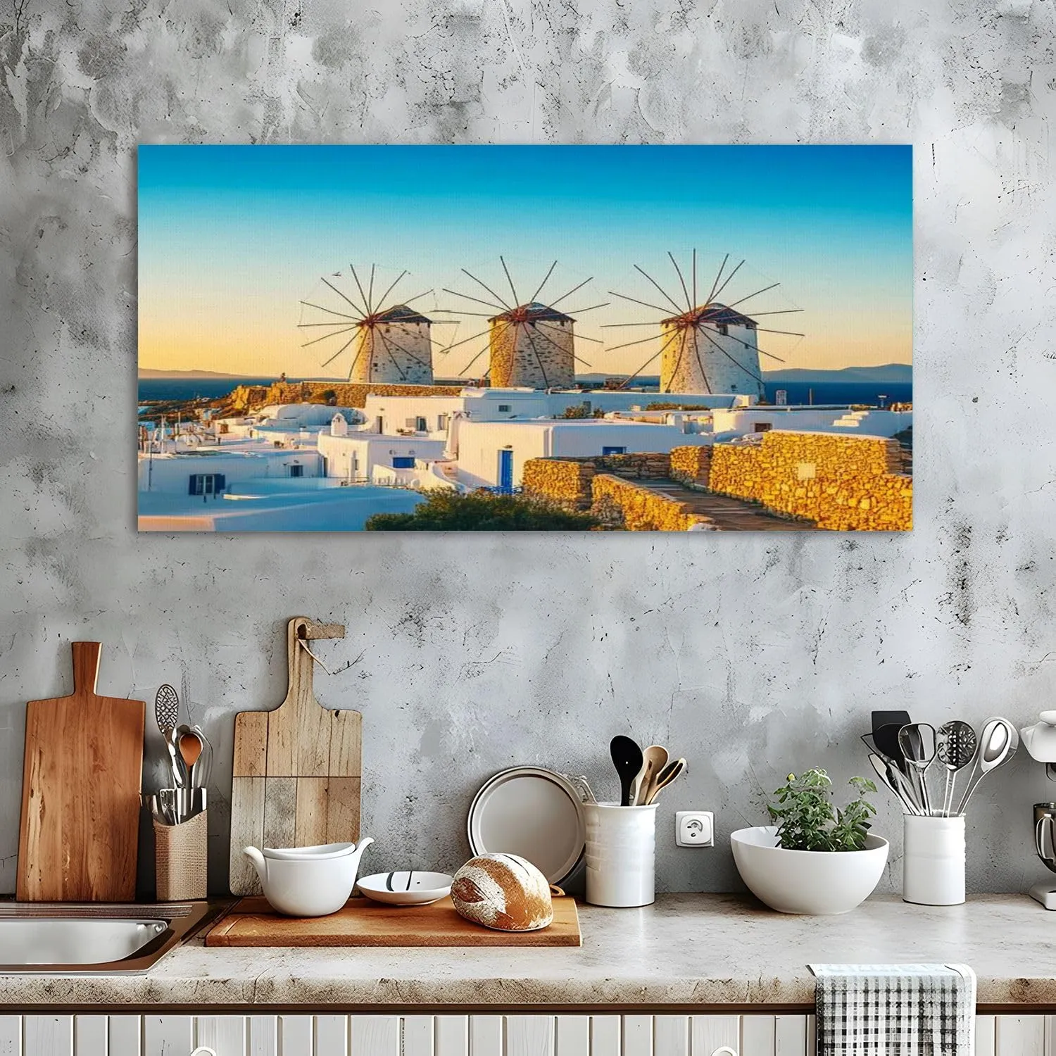 Canvas Wall Art Windmills Mykonos town Mykonos island Greece Framed Artwork Landscape Wall Paintings Modern Wall Decor Ready to Hang Posters for Living Room Bedroom 20"x40"