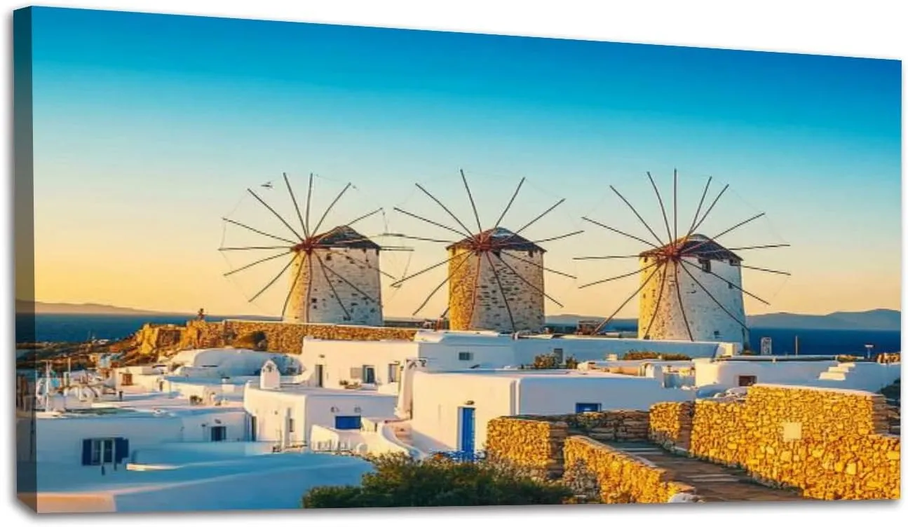 Canvas Wall Art Windmills Mykonos town Mykonos island Greece Framed Artwork Landscape Wall Paintings Modern Wall Decor Ready to Hang Posters for Living Room Bedroom 20"x40"