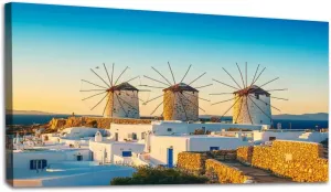 Canvas Wall Art Windmills Mykonos town Mykonos island Greece Framed Artwork Landscape Wall Paintings Modern Wall Decor Ready to Hang Posters for Living Room Bedroom 20"x40"
