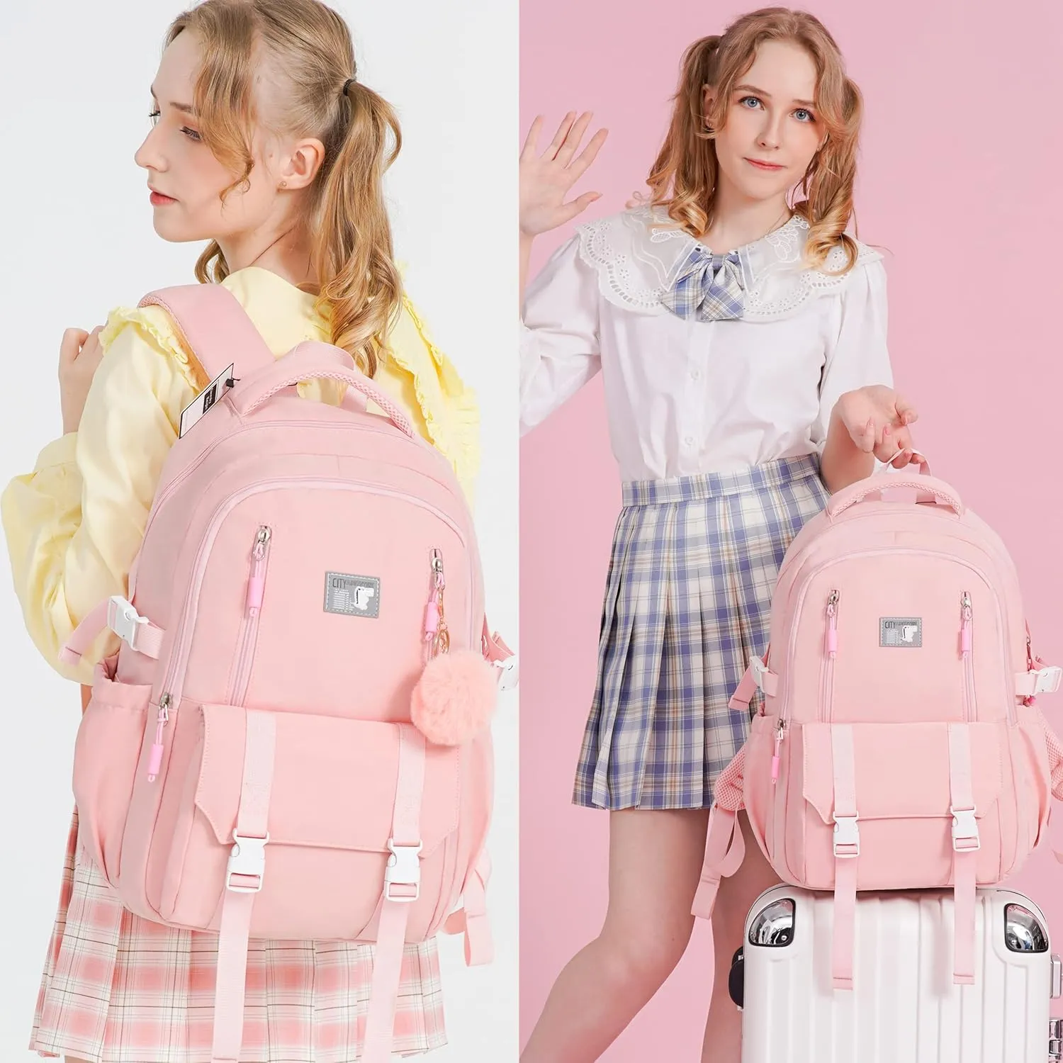 Caoroky knight Travel Laptop Backpack for Women Girls Elementary High School Bag College Backpacks Waterproof Daypack Large Bookbags Purse for Teens Students Computer Bags 15.6 Inch-Pink