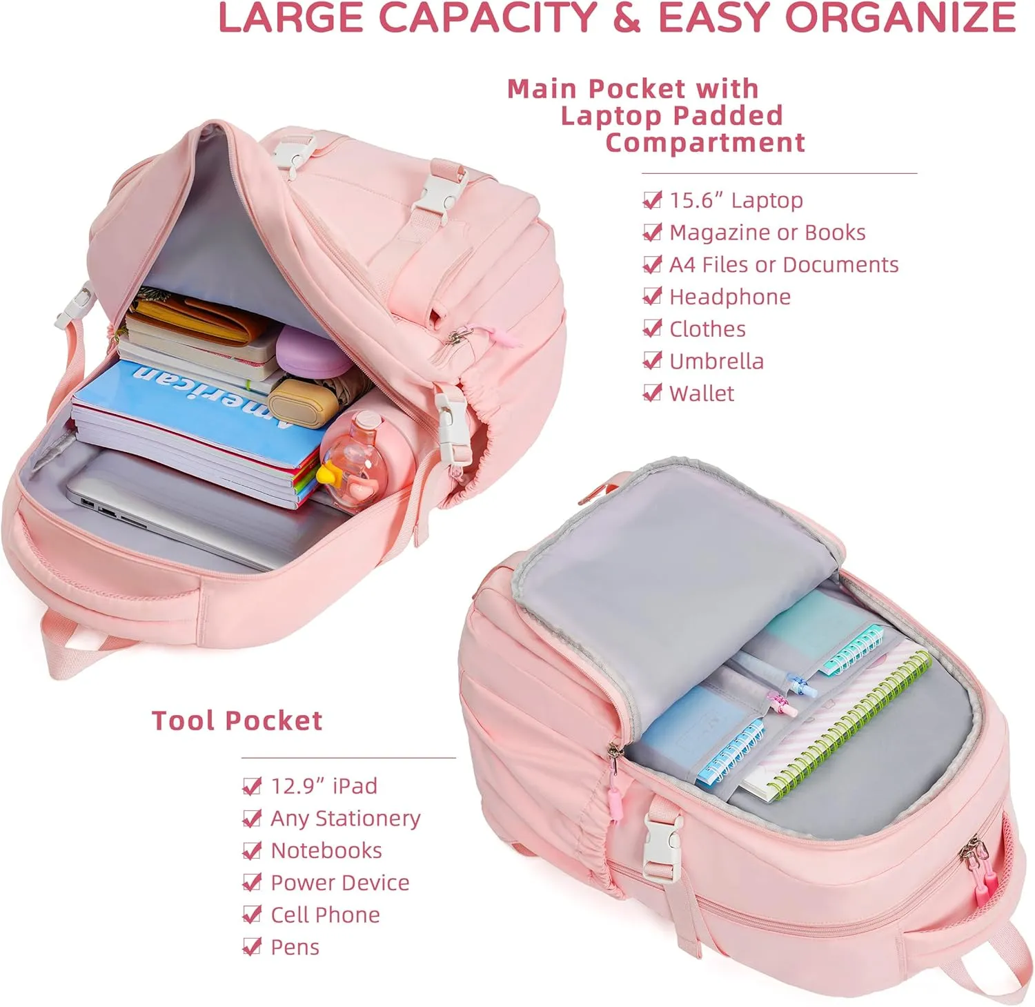 Caoroky knight Travel Laptop Backpack for Women Girls Elementary High School Bag College Backpacks Waterproof Daypack Large Bookbags Purse for Teens Students Computer Bags 15.6 Inch-Pink