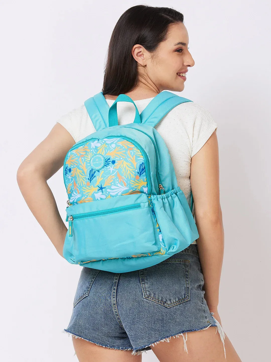 Caprese Xenia Medium Turquoise Printed Backpack