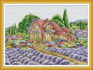 CaptainCrafts New Cross Stitch Kits Embroidery Kit Full Range Villages Landscape Pre-Printed and Counted Fabrics Kits for Adults Beginners Home Decor (Stamped 14CT, House of Lavande)