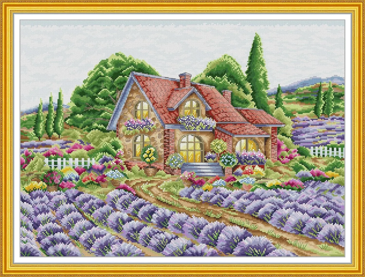 CaptainCrafts New Cross Stitch Kits Embroidery Kit Full Range Villages Landscape Pre-Printed and Counted Fabrics Kits for Adults Beginners Home Decor (Stamped 14CT, House of Lavande)