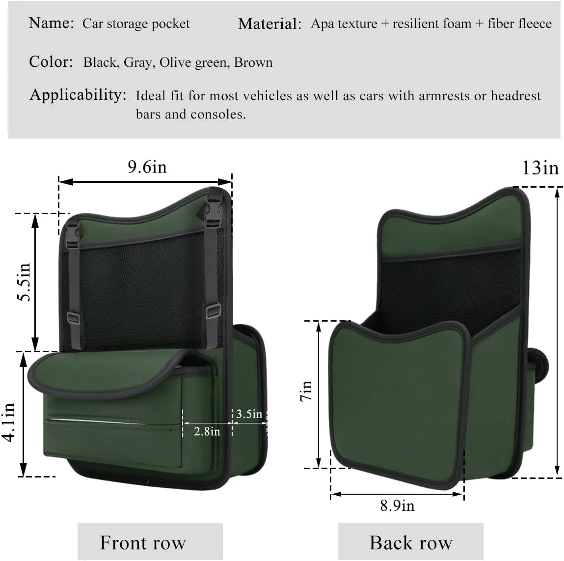 Car Organizer Storage Between Seats, Leather Large Capacity Automobile Handbag Hanging Store Content Bag, Auto Console Organizer Holder for Snack Phone Document Storages, Car Accessories (Green)