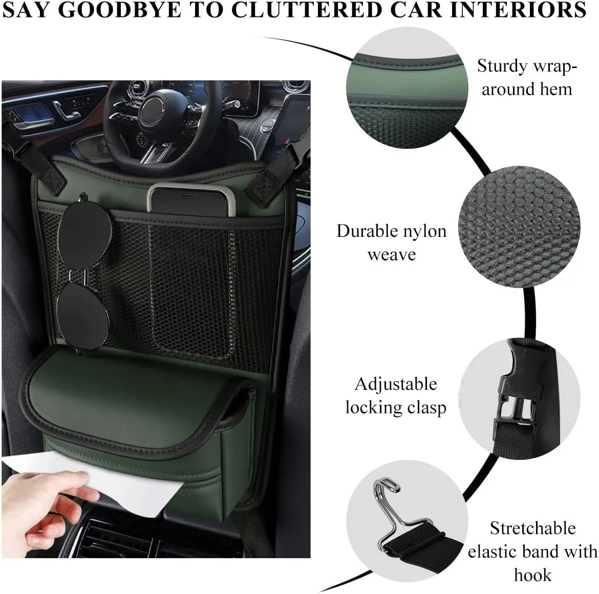 Car Organizer Storage Between Seats, Leather Large Capacity Automobile Handbag Hanging Store Content Bag, Auto Console Organizer Holder for Snack Phone Document Storages, Car Accessories (Green)