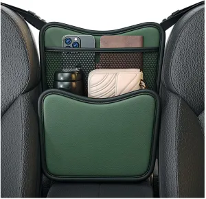 Car Organizer Storage Between Seats, Leather Large Capacity Automobile Handbag Hanging Store Content Bag, Auto Console Organizer Holder for Snack Phone Document Storages, Car Accessories (Green)