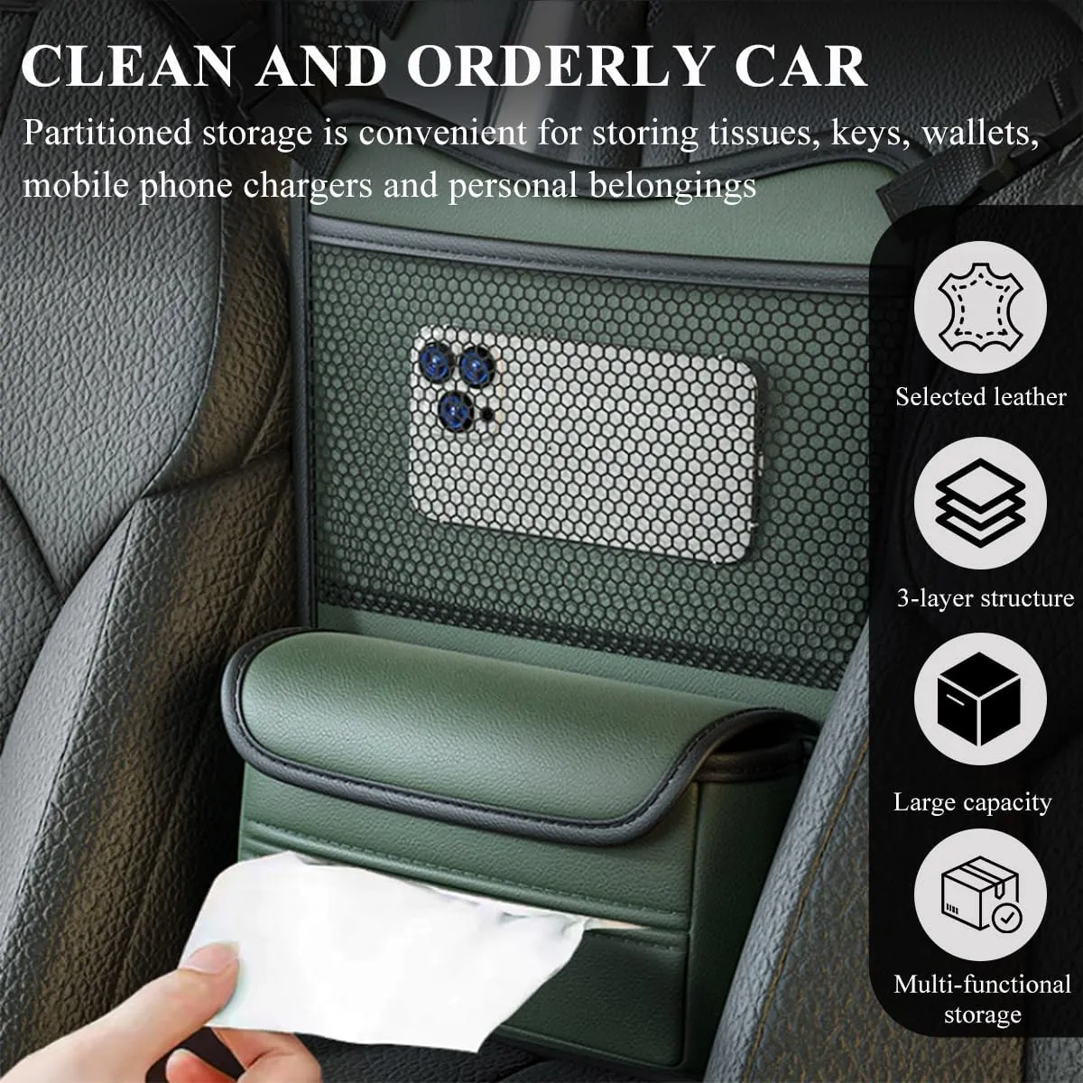Car Organizer Storage Between Seats, Leather Large Capacity Automobile Handbag Hanging Store Content Bag, Auto Console Organizer Holder for Snack Phone Document Storages, Car Accessories (Green)