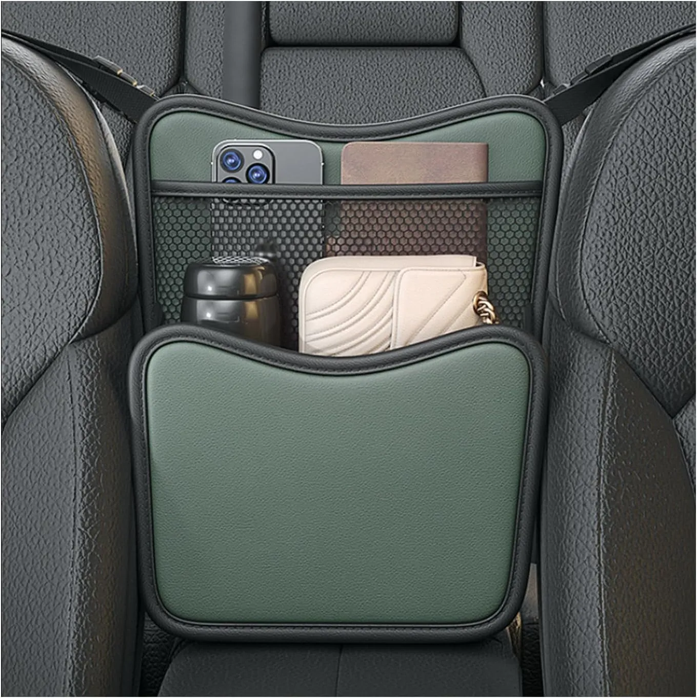 Car Organizer Storage Between Seats, Nappa Leather Auto Handbag Holder for Document Phone Storage, Large Capacity Automotive Console Pocket Purse, Car Accessories (Green)