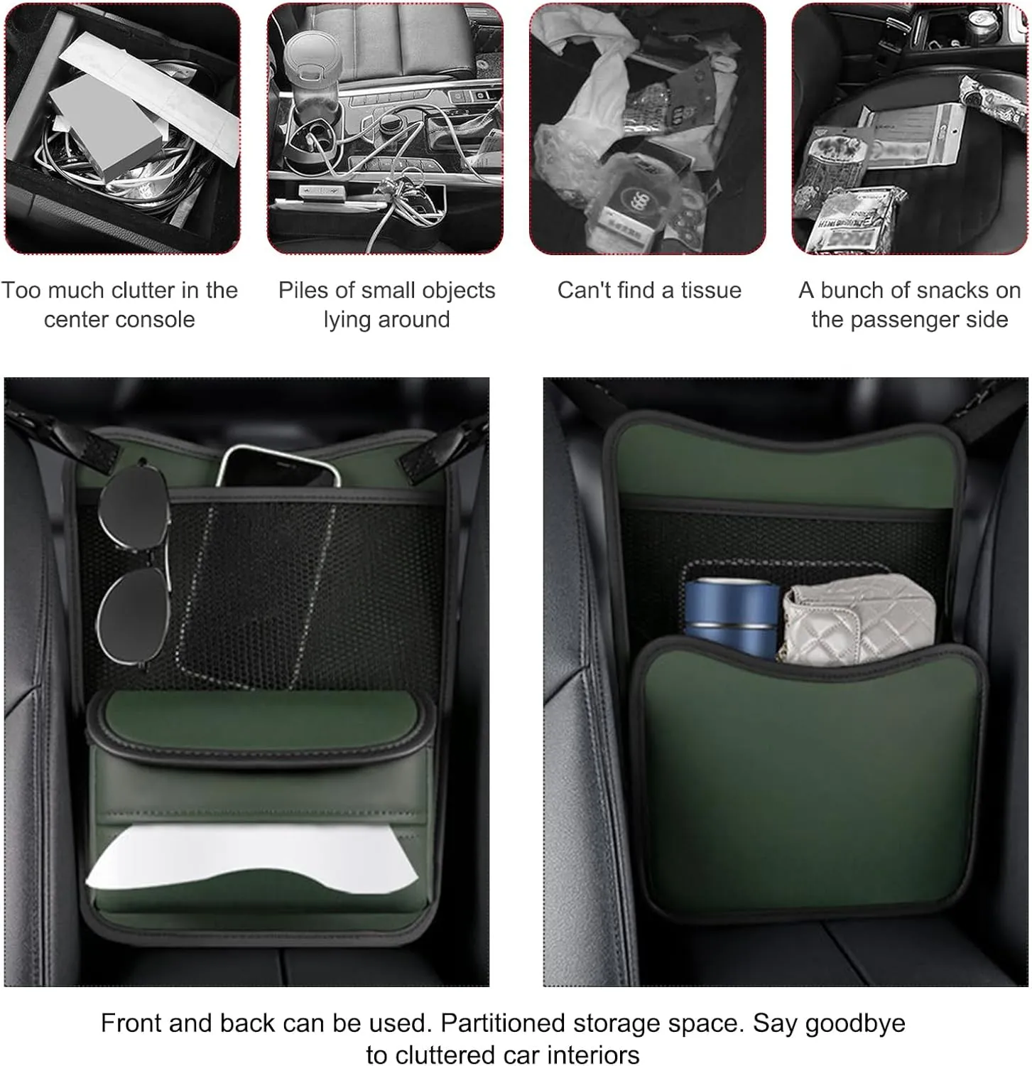 Car Organizer Storage Between Seats, Nappa Leather Auto Handbag Holder for Document Phone Storage, Large Capacity Automotive Console Pocket Purse, Car Accessories (Green)