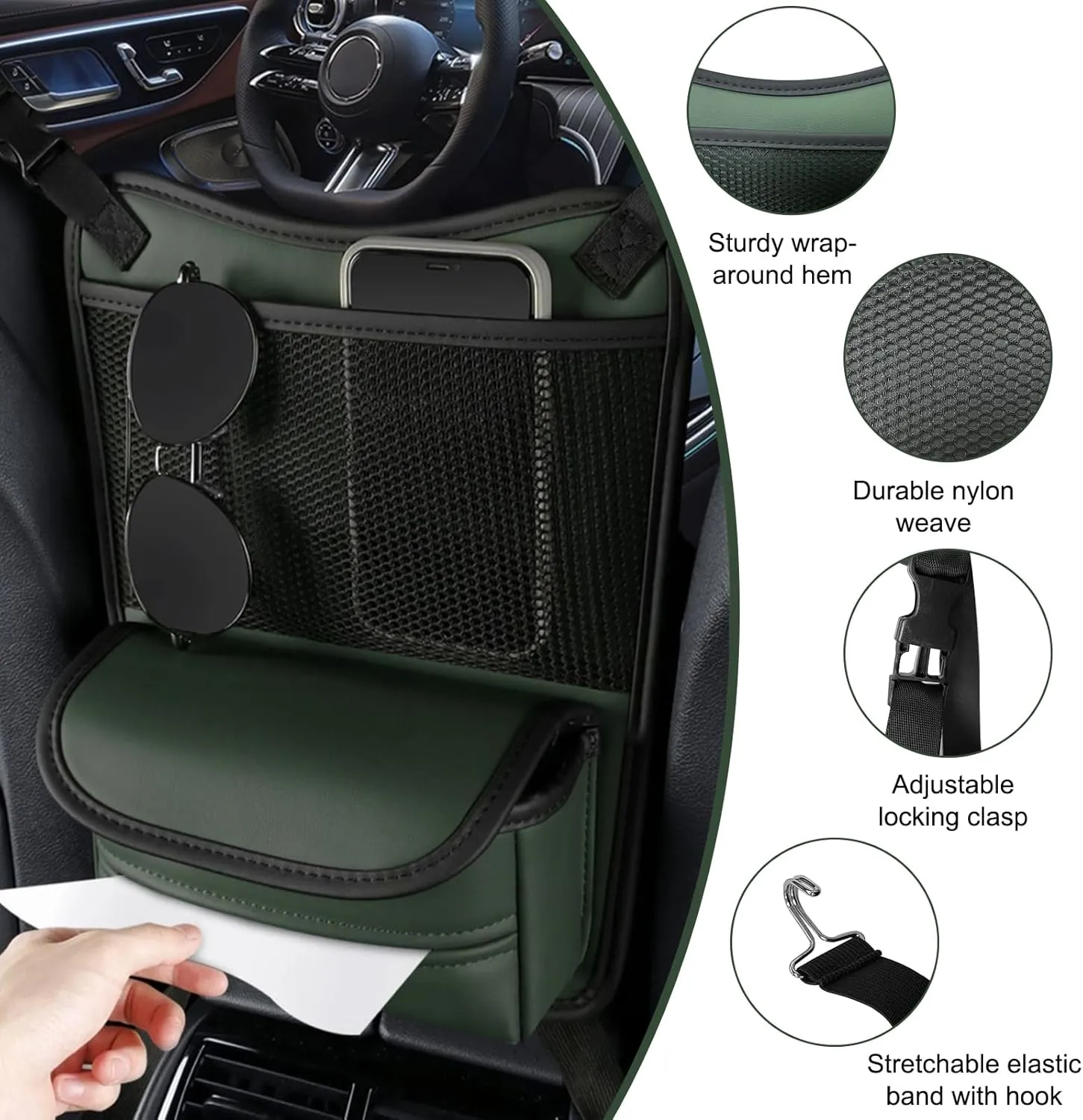 Car Organizer Storage Between Seats, Nappa Leather Auto Handbag Holder for Document Phone Storage, Large Capacity Automotive Console Pocket Purse, Car Accessories (Green)