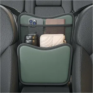 Car Organizer Storage Between Seats, Nappa Leather Auto Handbag Holder for Document Phone Storage, Large Capacity Automotive Console Pocket Purse, Car Accessories (Green)