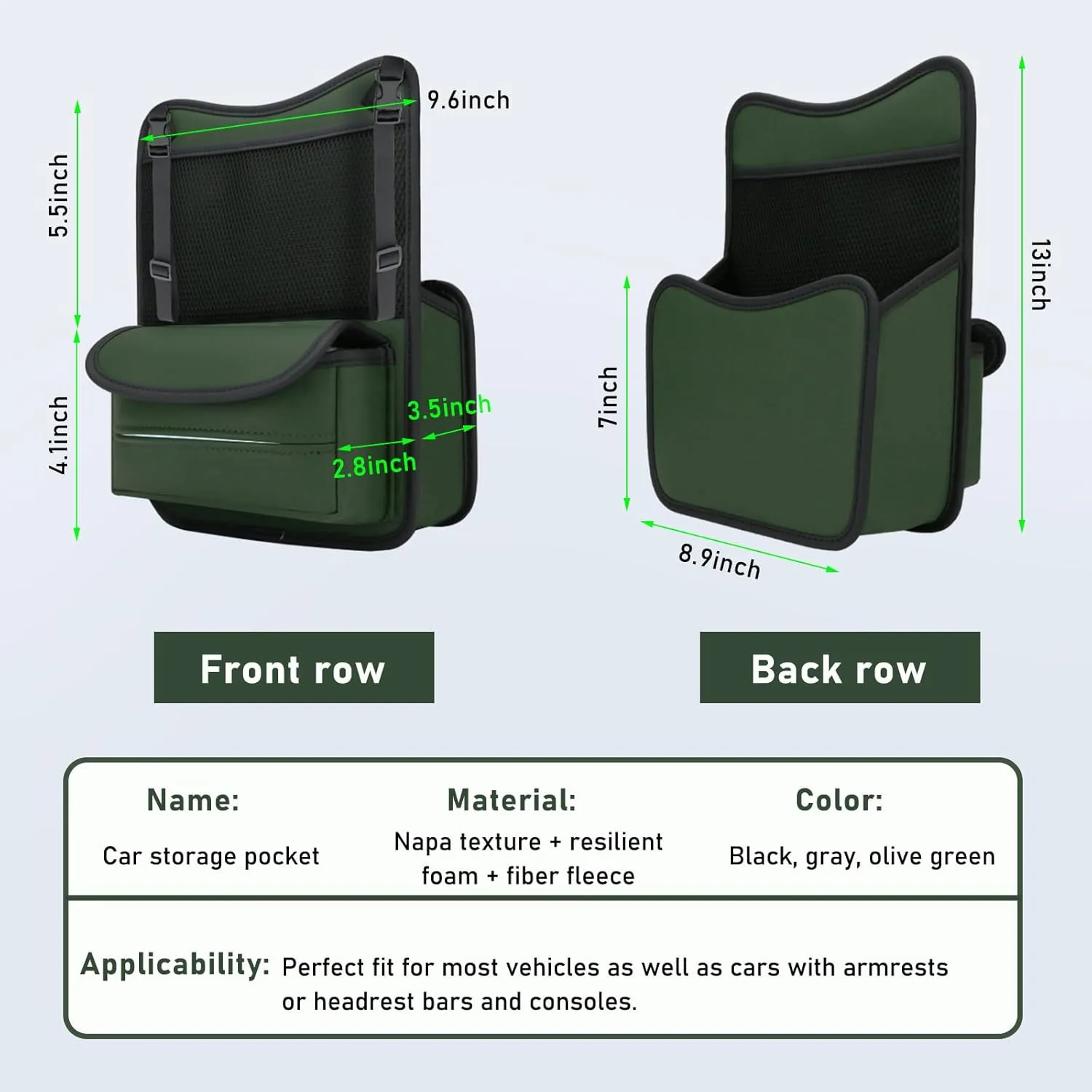 Car Organizer Storage Between Seats, Nappa Leather Auto Handbag Holder for Document Phone Storage, Large Capacity Automotive Console Pocket Purse, Car Accessories (Green)