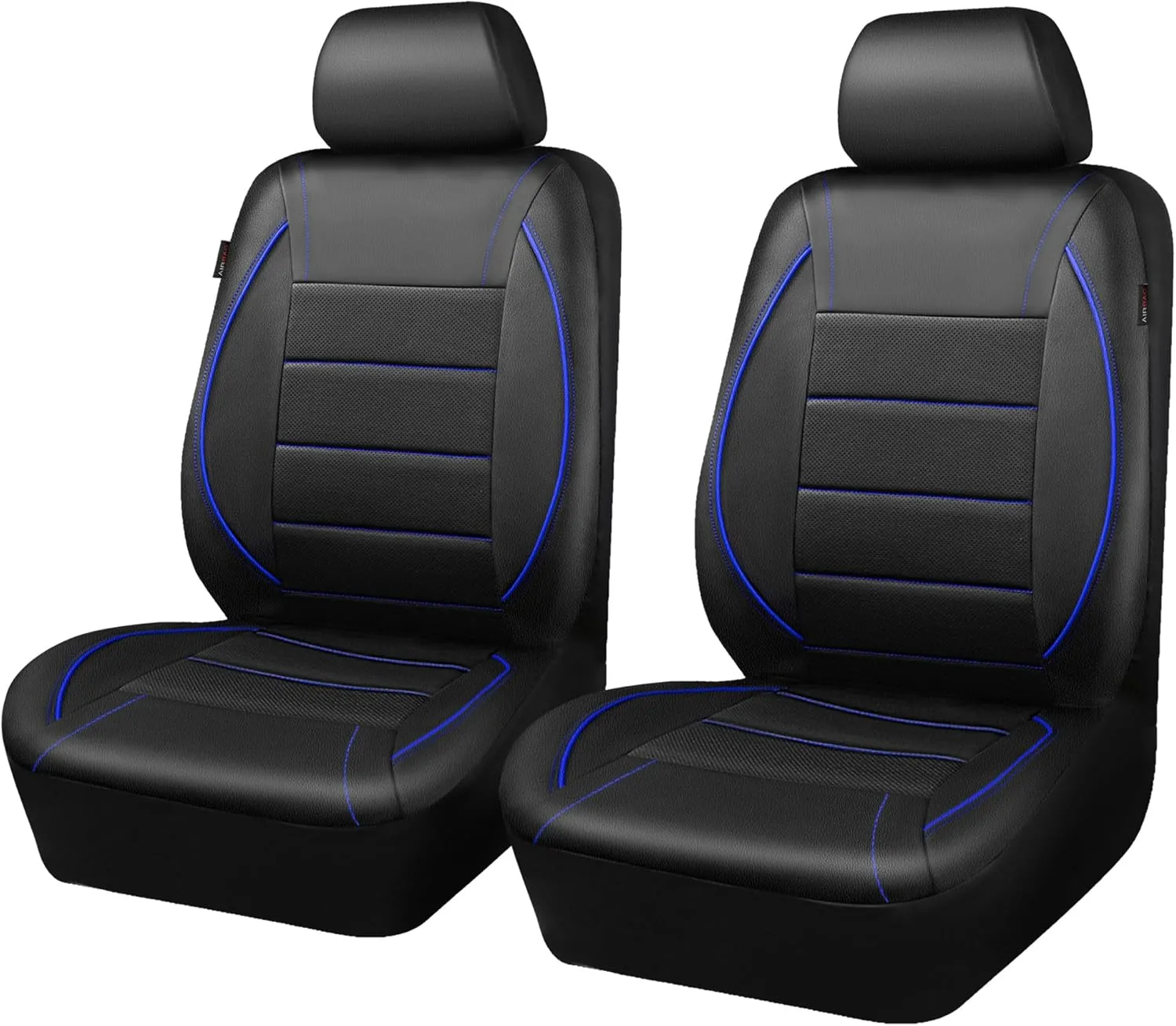 CAR PASS Universal FIT Piping Leather Two Front Seat Covers, Waterproof Faux Leather for SUV Sedan Van Truck, Airbag Compatible,Reserved Opening Holes for Headrest Covers. (Black and Blue)