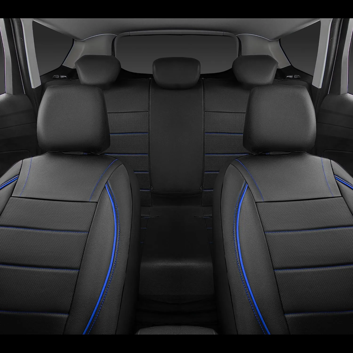 CAR PASS Universal FIT Piping Leather Two Front Seat Covers, Waterproof Faux Leather for SUV Sedan Van Truck, Airbag Compatible,Reserved Opening Holes for Headrest Covers. (Black and Blue)