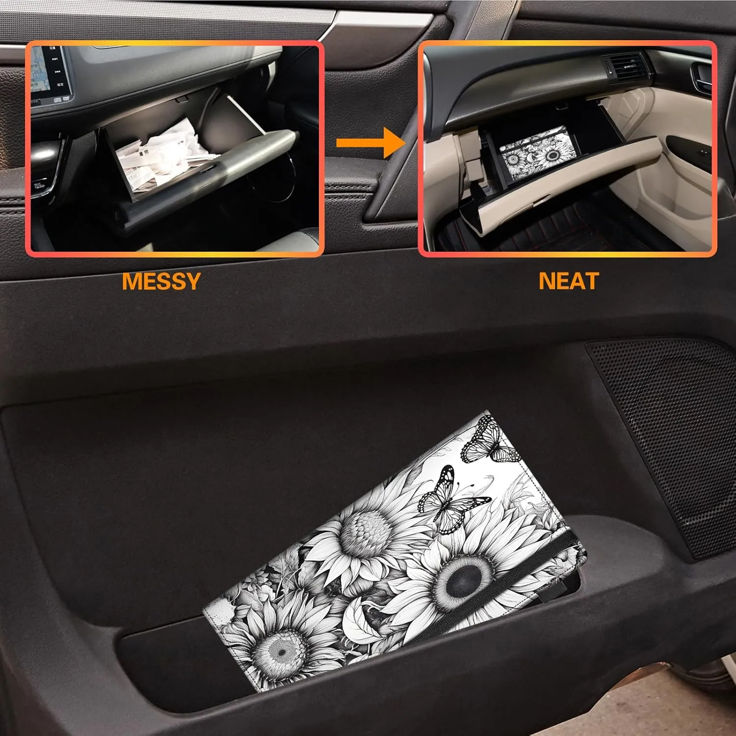 Car Registration and Insurance Holder,Leather Vehicle Glove Box Organizer Wallet for Document,Perfect for any Car,Truck,Motorcycle,Driver License,Trailer or Boat,Men & Women,Butterfly and Sunflower