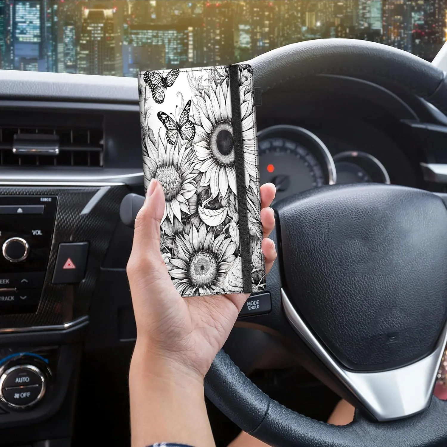 Car Registration and Insurance Holder,Leather Vehicle Glove Box Organizer Wallet for Document,Perfect for any Car,Truck,Motorcycle,Driver License,Trailer or Boat,Men & Women,Butterfly and Sunflower