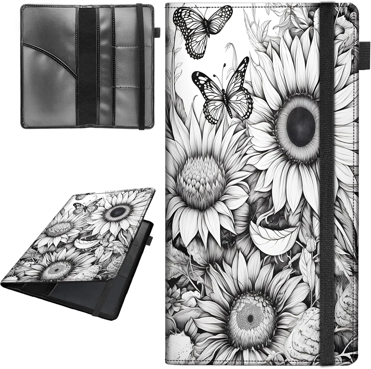 Car Registration and Insurance Holder,Leather Vehicle Glove Box Organizer Wallet for Document,Perfect for any Car,Truck,Motorcycle,Driver License,Trailer or Boat,Men & Women,Butterfly and Sunflower