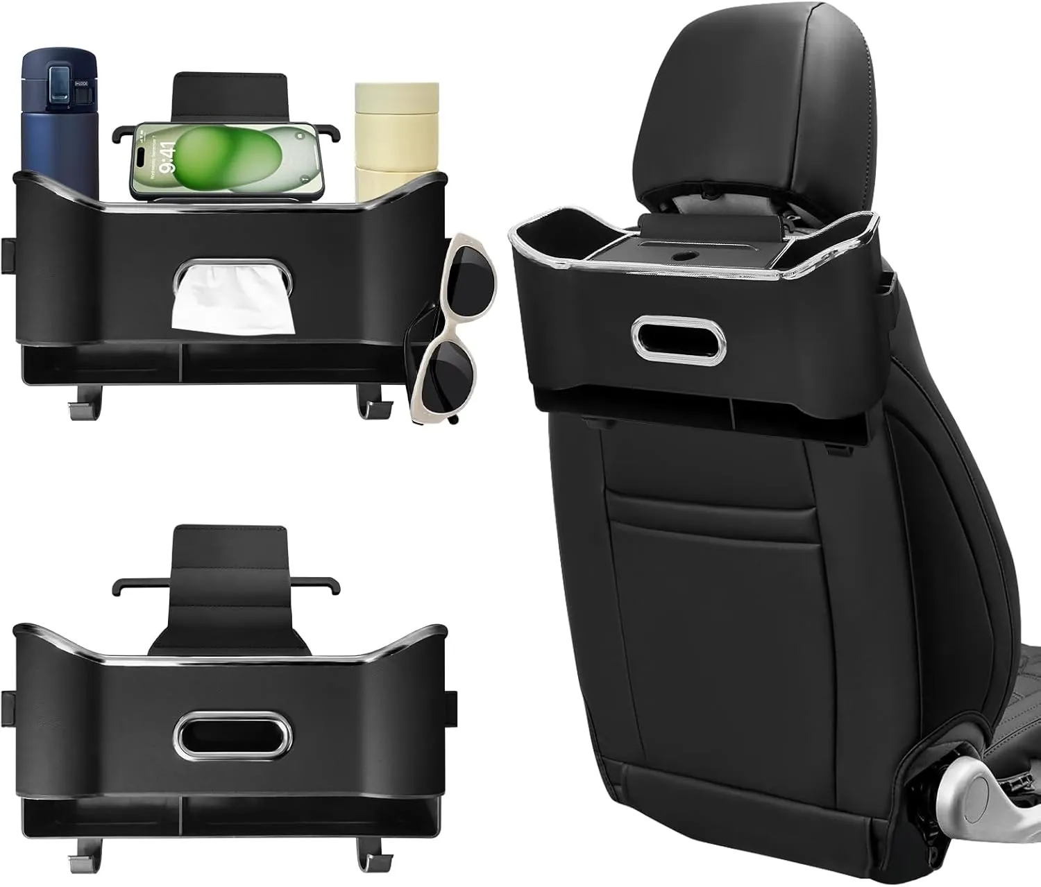 Car Seat Back Storage Box, Multifunctional Headrest Backseat Organizer with Tissue Box, Cup Holders, Hooks, Rear Seat Ideal for Kids and Travel