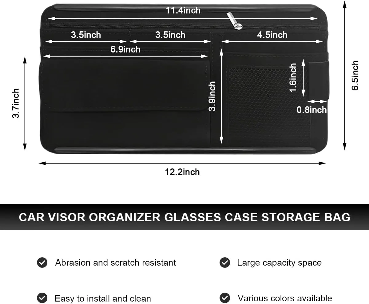 Car Sun Visor Organizer, Soft Leather Auto Sunshade Glasses Storage Bag with Multi-Pocket Net Zipper, Scratch-Resistant Vehicle Visor Pocket Eyeglasses Case Note Holder (Black)