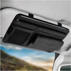Car Sun Visor Organizer, Soft Leather Auto Sunshade Glasses Storage Bag with Multi-Pocket Net Zipper, Scratch-Resistant Vehicle Visor Pocket Eyeglasses Case Note Holder (Black)