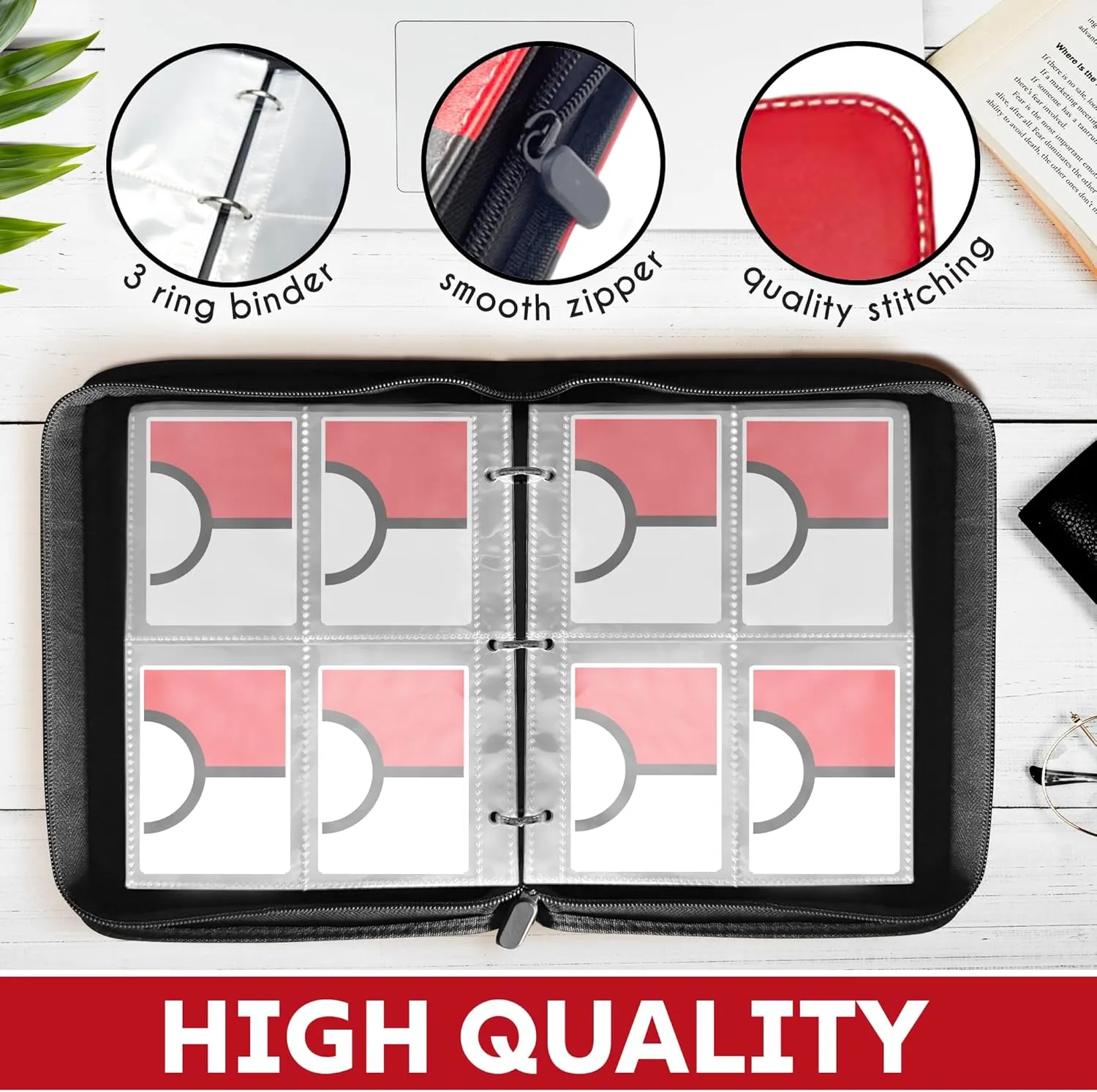 Card Binder 4-pocket 400 Cards Holder with 50 Removable Sleeves and 10 pack of single soft sided card holders, TCG Binder, Red Card Binders (Modern, Red, White, Black,)