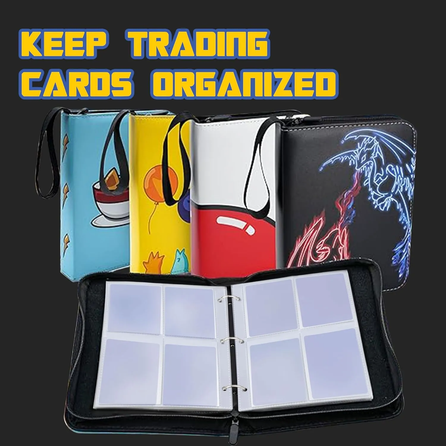 Card Binder, 4Pocket Trading Card Album, 400Pocket Double Sided Display Card Binder, Expandable, 3-Ring Zipper Sports Book is Gifts for Boys and Girls, for YuGiOh, MTG, TCG, Game Card & Sports Card