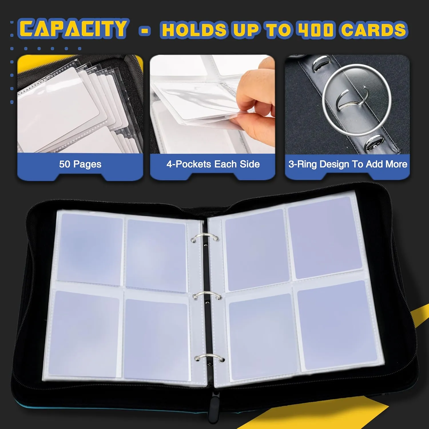 Card Binder, 4Pocket Trading Card Album, 400Pocket Double Sided Display Card Binder, Expandable, 3-Ring Zipper Sports Book is Gifts for Boys and Girls, for YuGiOh, MTG, TCG, Game Card & Sports Card