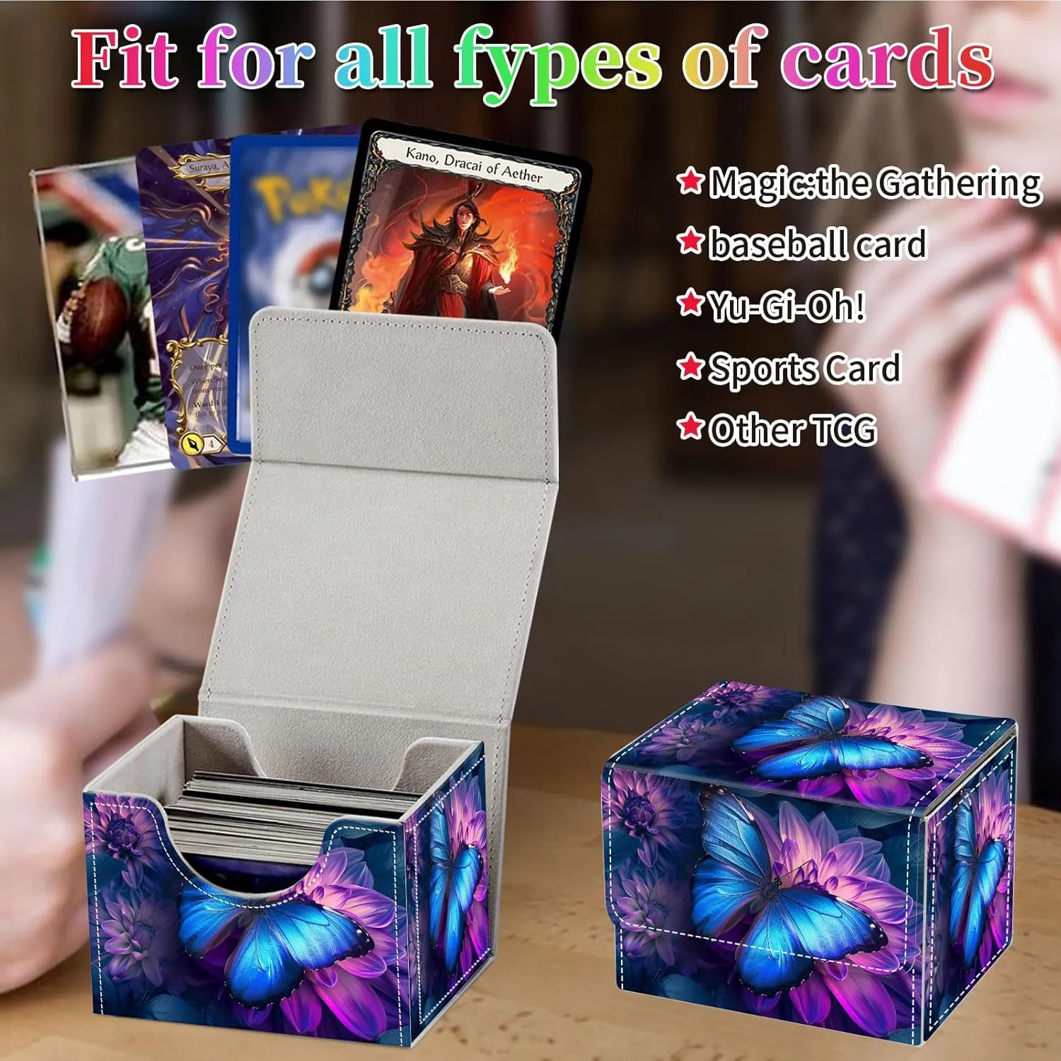 Card Deck Box for MTG, Fits 100  Single Sleeved Cards, PU Leather Trading Card Storage Box for TCG, CCG, MTG Cards, Strong Magnet Magic Gathering Deck Box, Blue Butterfly
