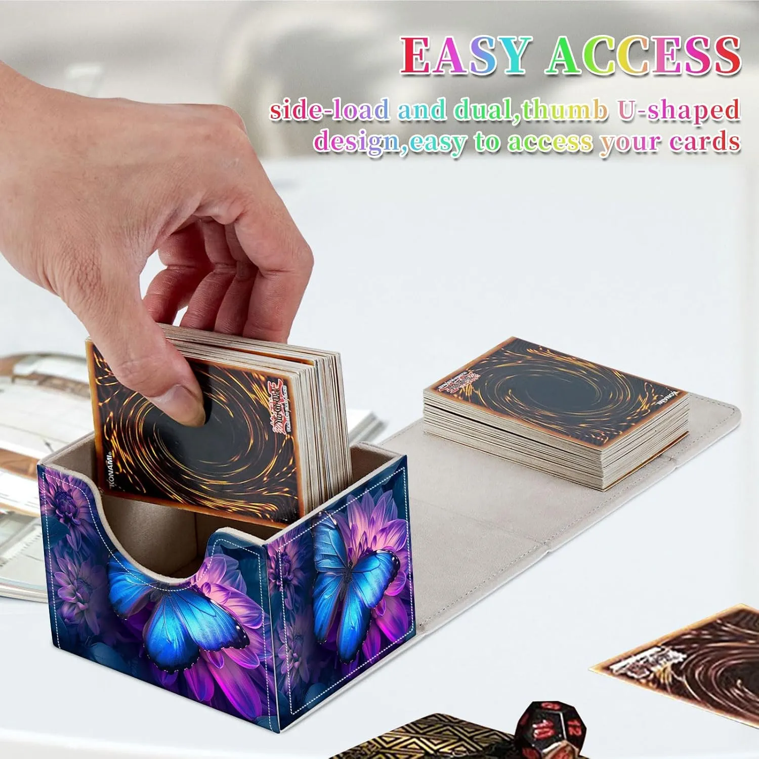 Card Deck Box for MTG, Fits 100  Single Sleeved Cards, PU Leather Trading Card Storage Box for TCG, CCG, MTG Cards, Strong Magnet Magic Gathering Deck Box, Blue Butterfly