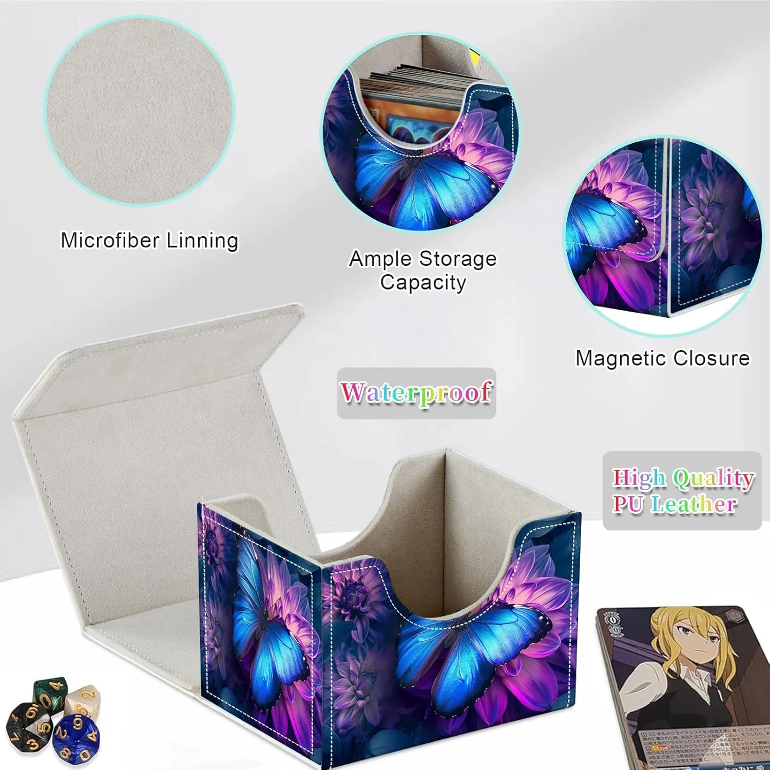 Card Deck Box for MTG, Fits 100  Single Sleeved Cards, PU Leather Trading Card Storage Box for TCG, CCG, MTG Cards, Strong Magnet Magic Gathering Deck Box, Blue Butterfly