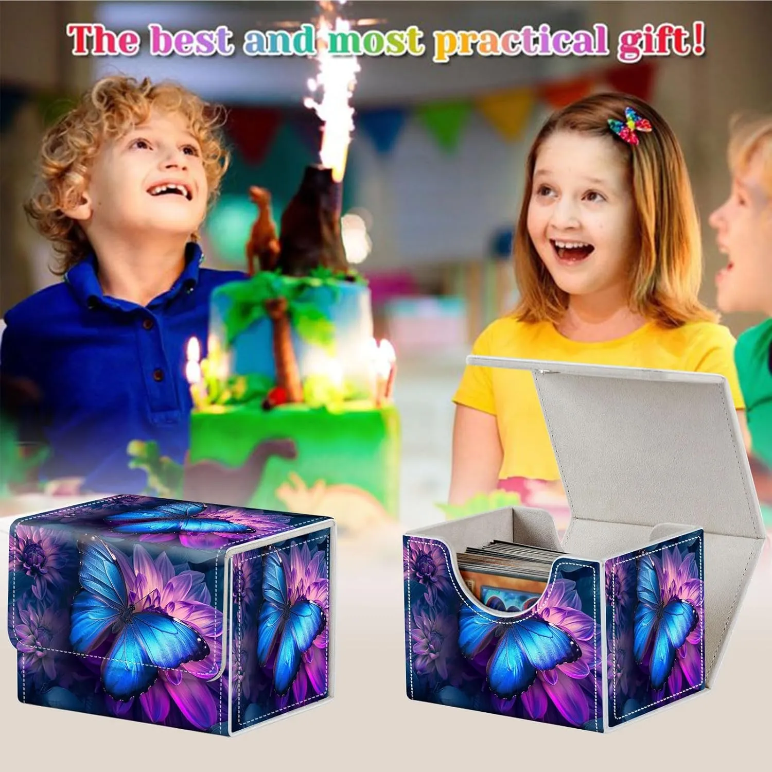 Card Deck Box for MTG, Fits 100  Single Sleeved Cards, PU Leather Trading Card Storage Box for TCG, CCG, MTG Cards, Strong Magnet Magic Gathering Deck Box, Blue Butterfly