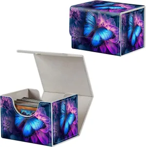 Card Deck Box for MTG, Fits 100  Single Sleeved Cards, PU Leather Trading Card Storage Box for TCG, CCG, MTG Cards, Strong Magnet Magic Gathering Deck Box, Blue Butterfly