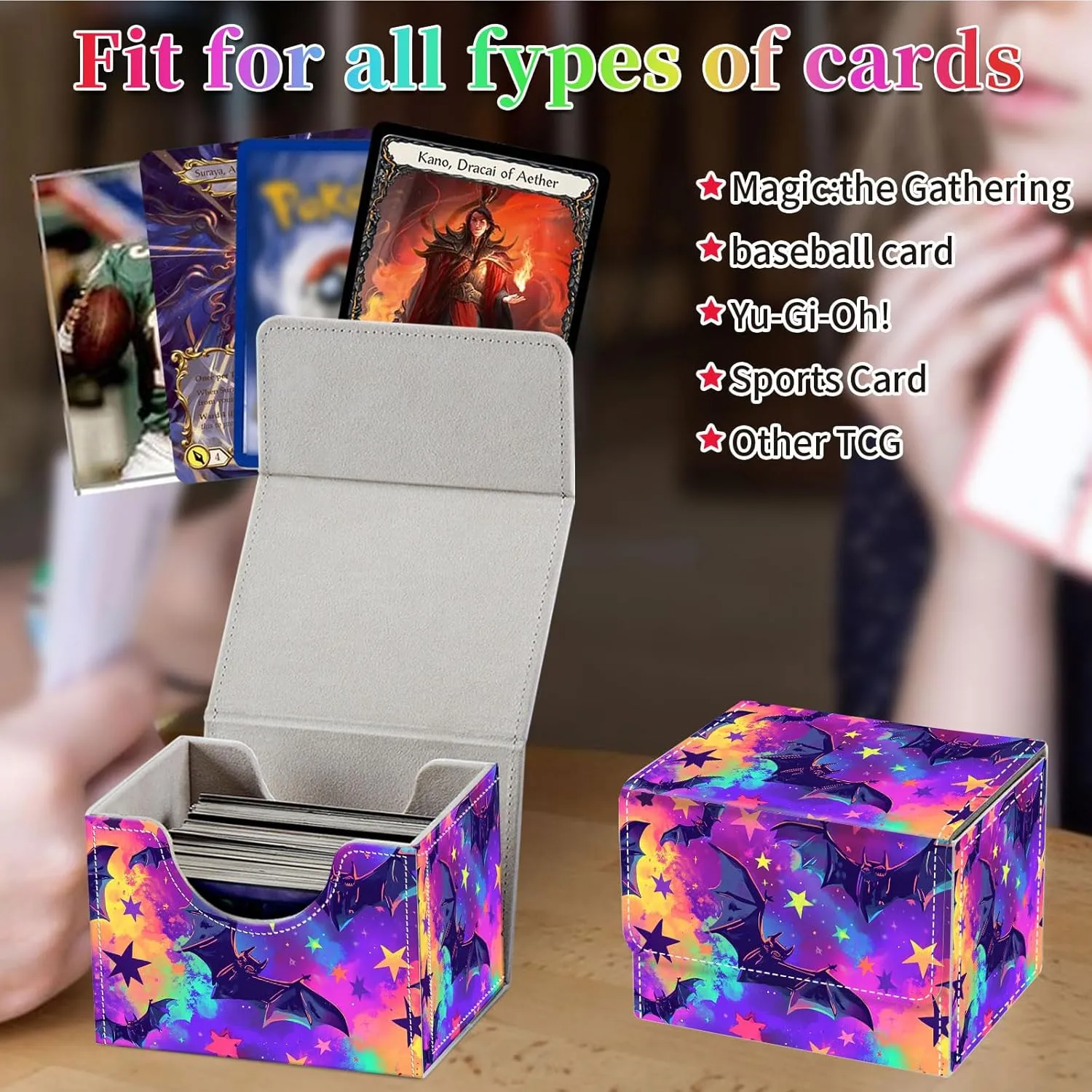 Card Deck Box for MTG, Fits 100  Single Sleeved Cards, PU Leather Trading Card Storage Box for TCG, CCG, MTG Cards, Strong Magnet Magic Gathering Deck Box, Colorful Bats