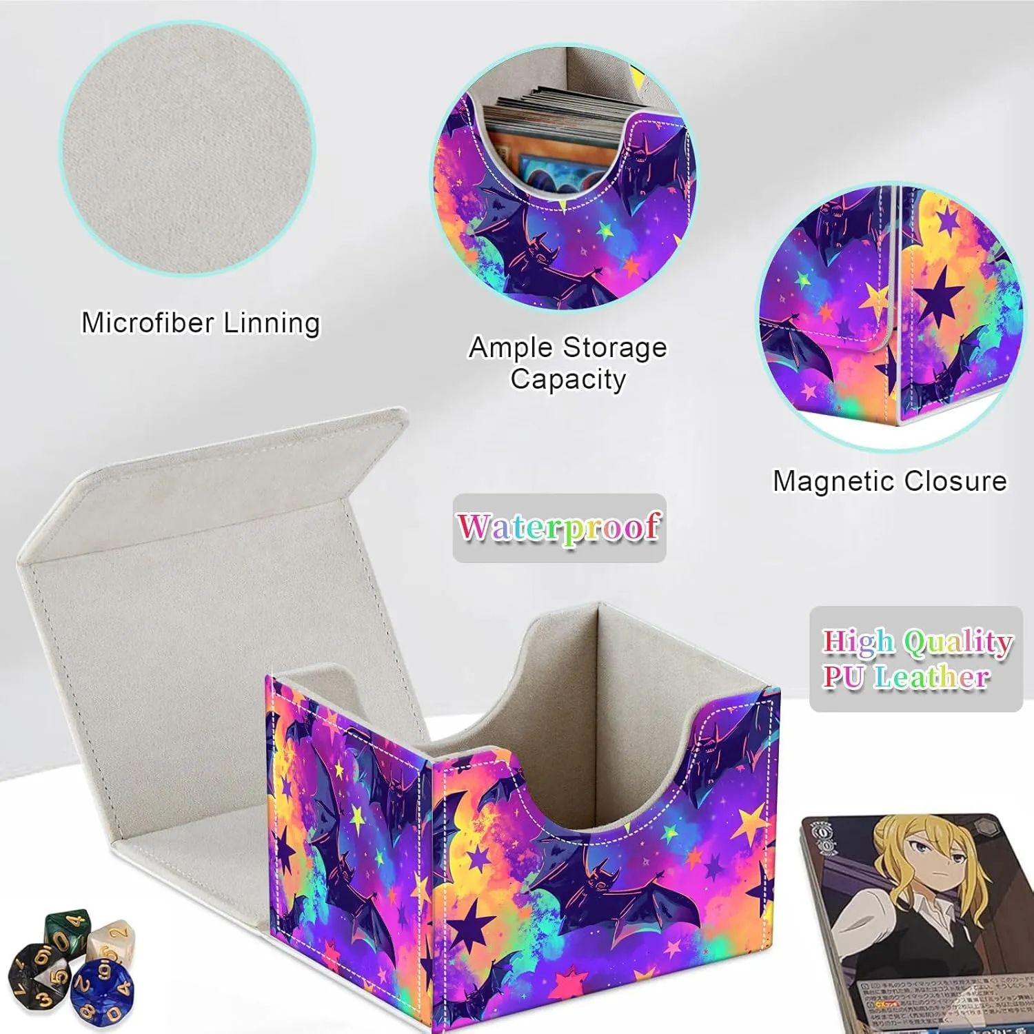 Card Deck Box for MTG, Fits 100  Single Sleeved Cards, PU Leather Trading Card Storage Box for TCG, CCG, MTG Cards, Strong Magnet Magic Gathering Deck Box, Colorful Bats