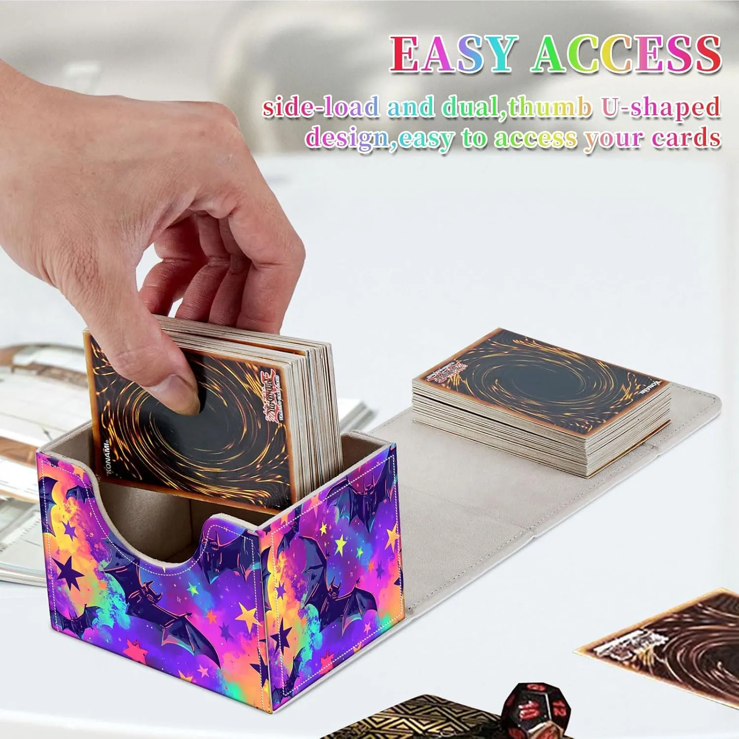 Card Deck Box for MTG, Fits 100  Single Sleeved Cards, PU Leather Trading Card Storage Box for TCG, CCG, MTG Cards, Strong Magnet Magic Gathering Deck Box, Colorful Bats