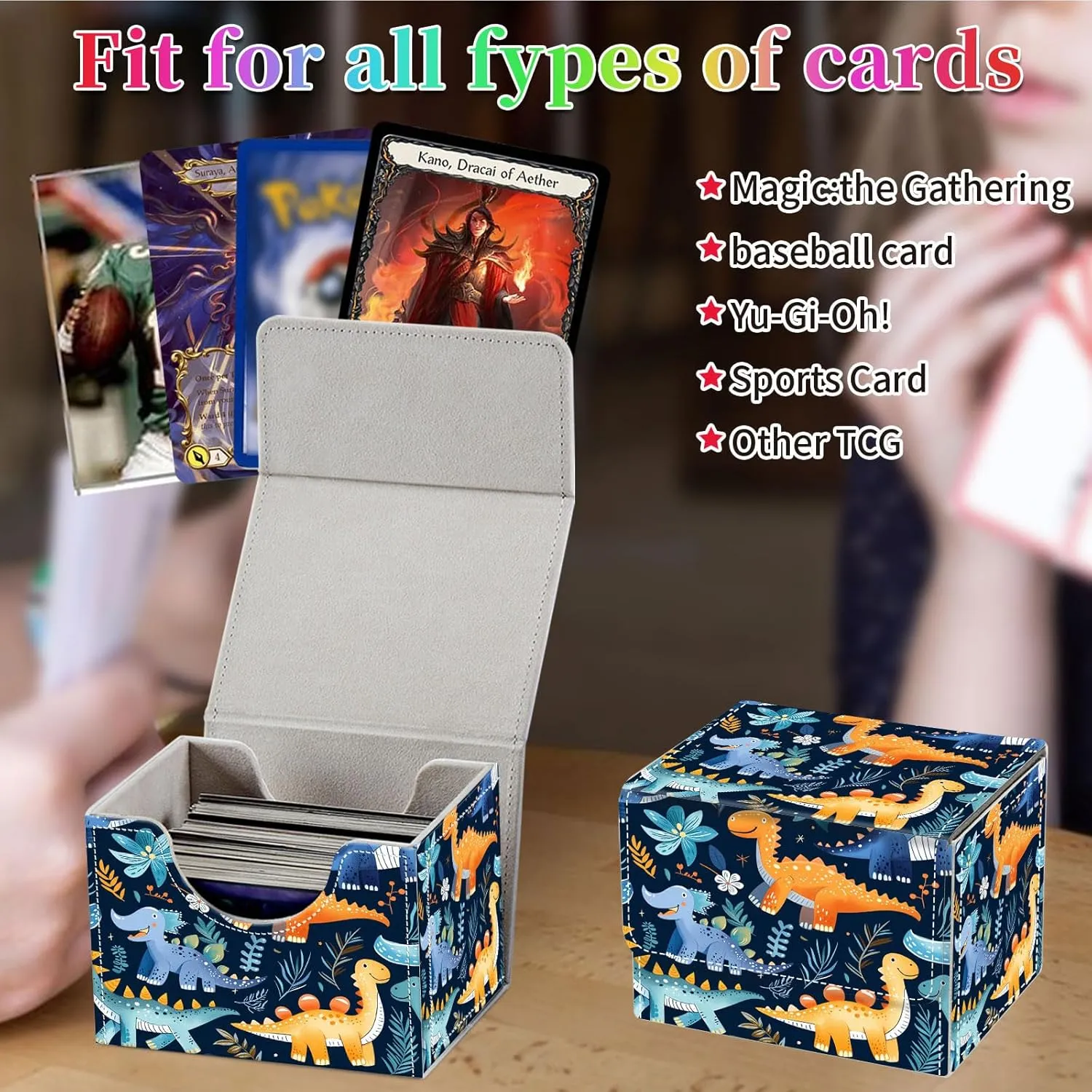 Card Deck Box for MTG, Fits 100  Single Sleeved Cards, PU Leather Trading Card Storage Box for TCG, CCG, MTG Cards, Strong Magnet Magic Gathering Deck Box, Dinosaur Pattern