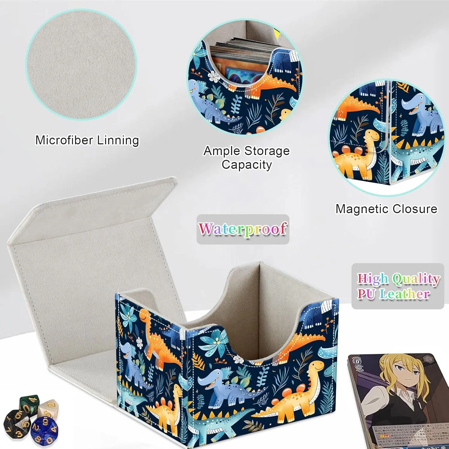 Card Deck Box for MTG, Fits 100  Single Sleeved Cards, PU Leather Trading Card Storage Box for TCG, CCG, MTG Cards, Strong Magnet Magic Gathering Deck Box, Dinosaur Pattern