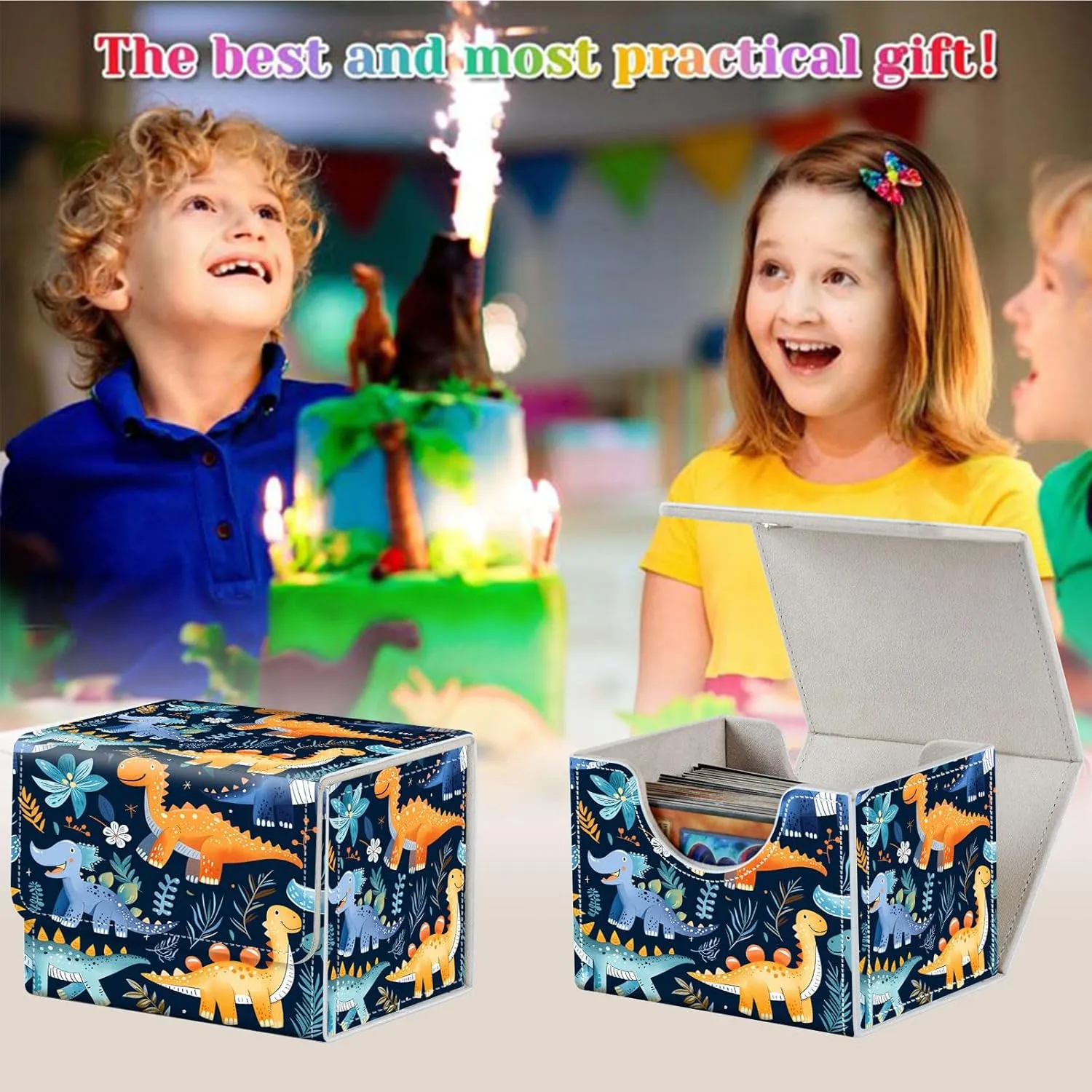 Card Deck Box for MTG, Fits 100  Single Sleeved Cards, PU Leather Trading Card Storage Box for TCG, CCG, MTG Cards, Strong Magnet Magic Gathering Deck Box, Dinosaur Pattern