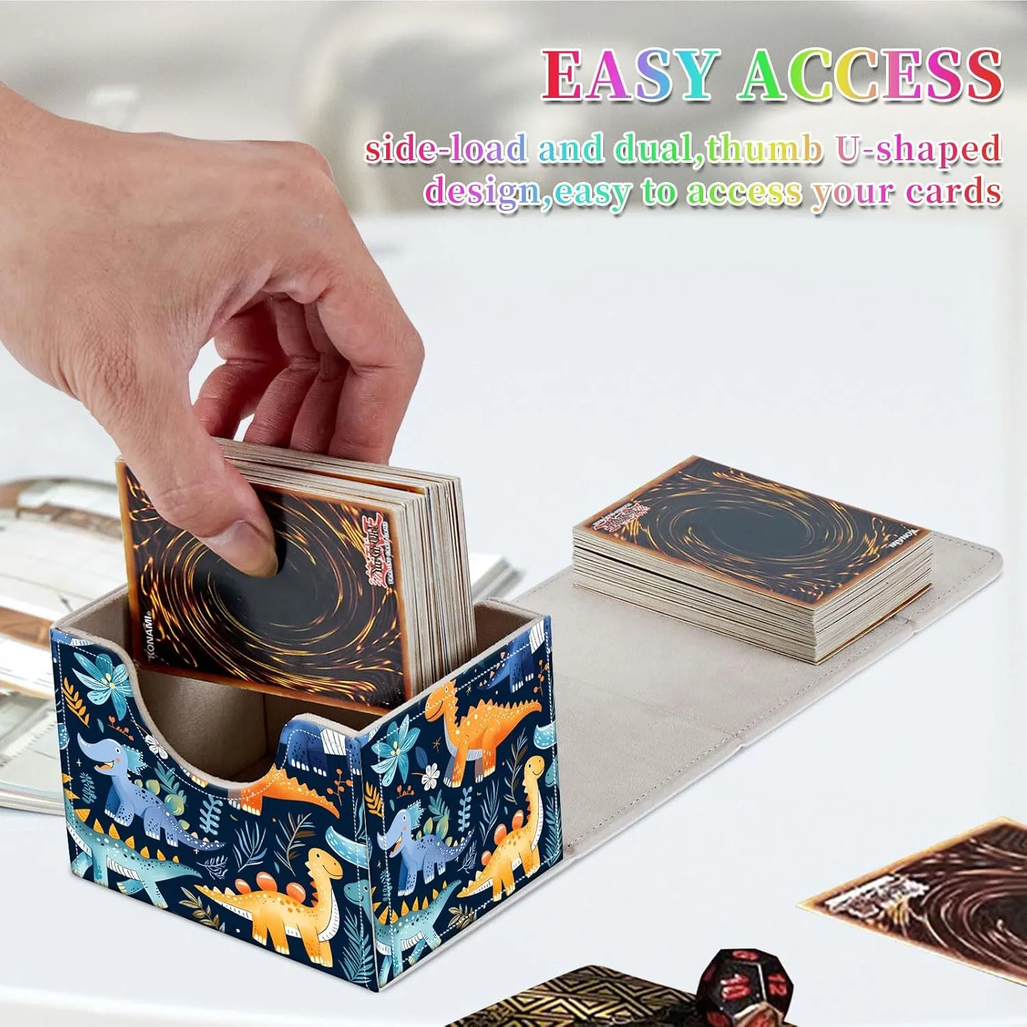 Card Deck Box for MTG, Fits 100  Single Sleeved Cards, PU Leather Trading Card Storage Box for TCG, CCG, MTG Cards, Strong Magnet Magic Gathering Deck Box, Dinosaur Pattern