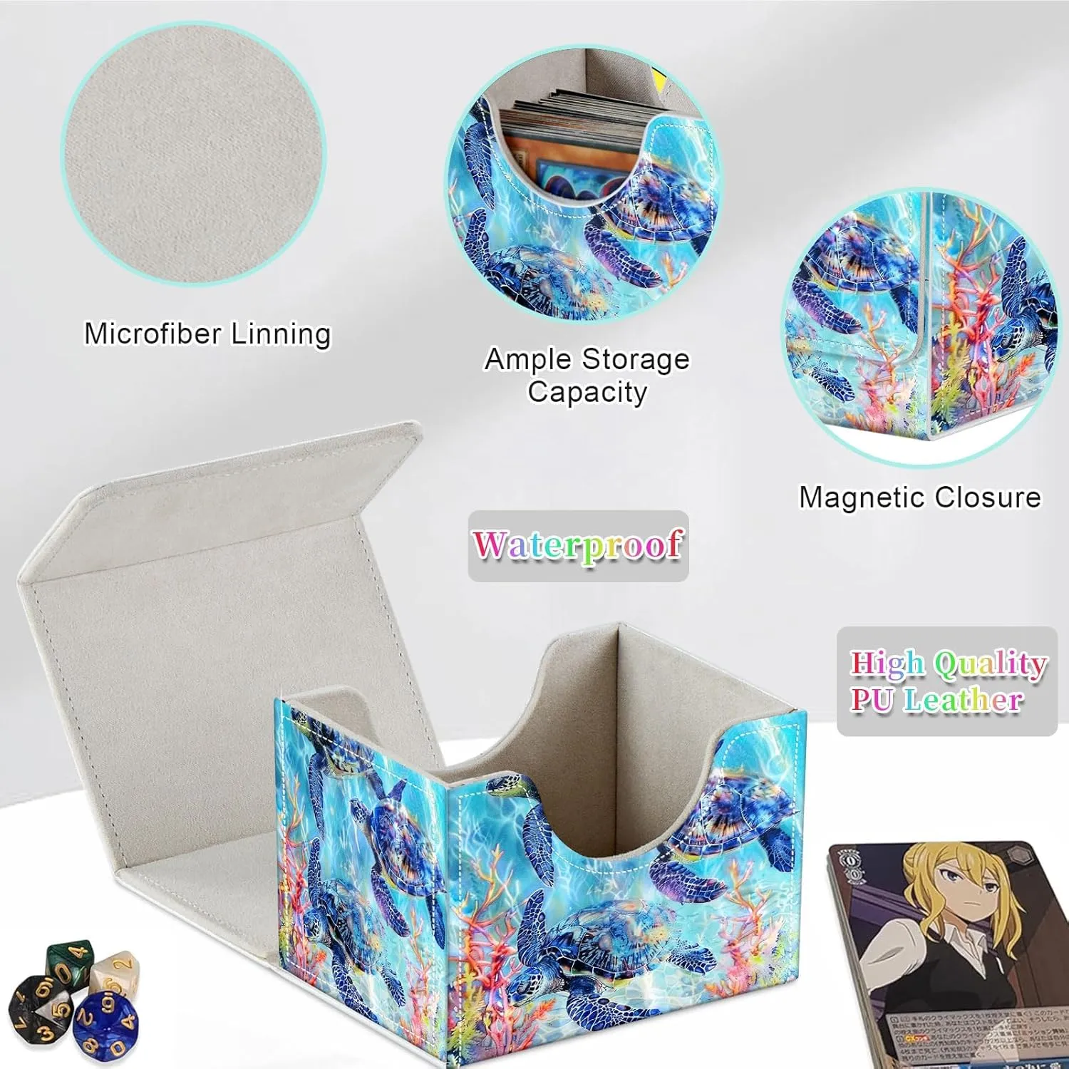 Card Deck Box for MTG, Fits 100  Single Sleeved Cards, PU Leather Trading Card Storage Box for TCG, CCG, MTG Cards, Strong Magnet Magic Gathering Deck Box, Sea Turtle