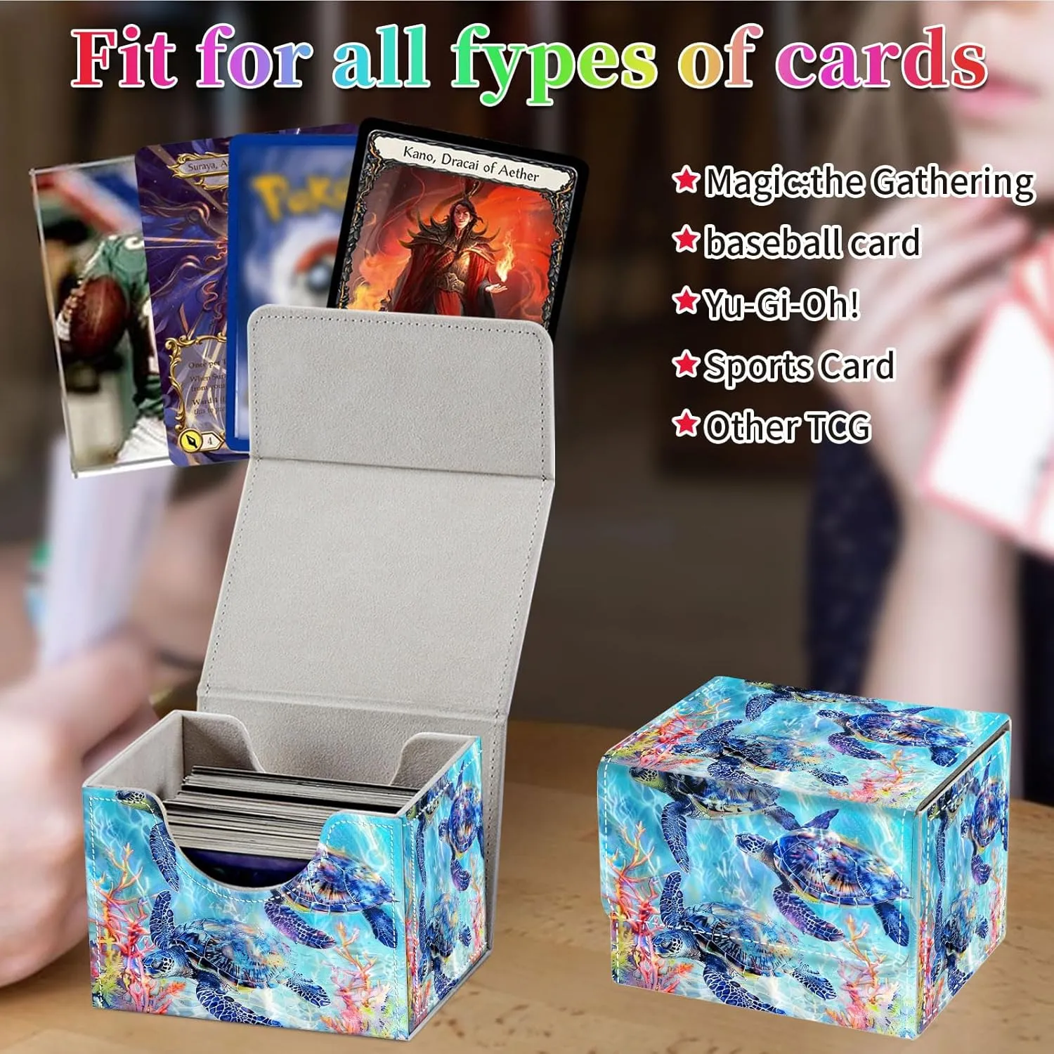 Card Deck Box for MTG, Fits 100  Single Sleeved Cards, PU Leather Trading Card Storage Box for TCG, CCG, MTG Cards, Strong Magnet Magic Gathering Deck Box, Sea Turtle