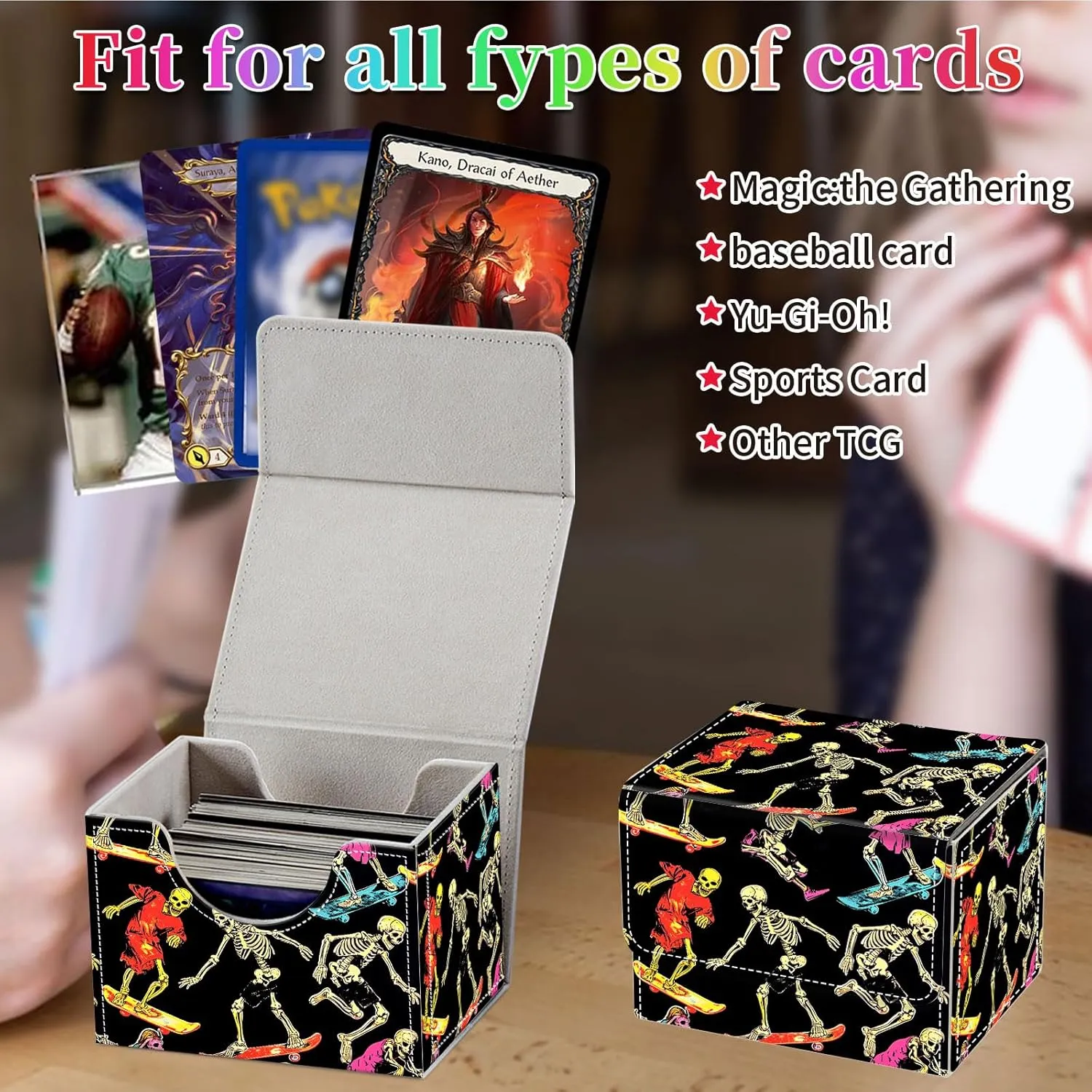 Card Deck Box for MTG, Fits 100  Single Sleeved Cards, PU Leather Trading Card Storage Box for TCG, CCG, MTG Cards, Strong Magnet Magic Gathering Deck Box, Skeleton Slide