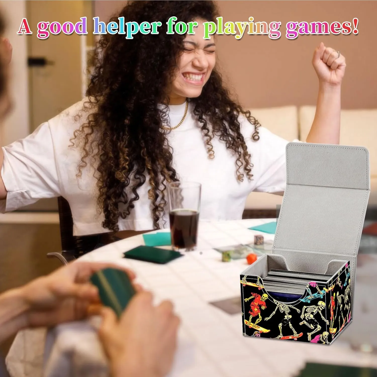 Card Deck Box for MTG, Fits 100  Single Sleeved Cards, PU Leather Trading Card Storage Box for TCG, CCG, MTG Cards, Strong Magnet Magic Gathering Deck Box, Skeleton Slide