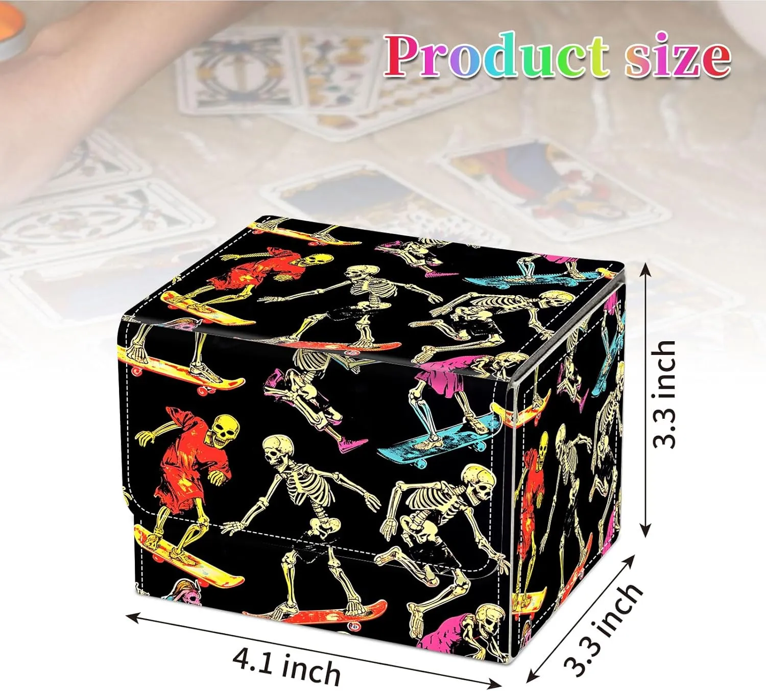 Card Deck Box for MTG, Fits 100  Single Sleeved Cards, PU Leather Trading Card Storage Box for TCG, CCG, MTG Cards, Strong Magnet Magic Gathering Deck Box, Skeleton Slide