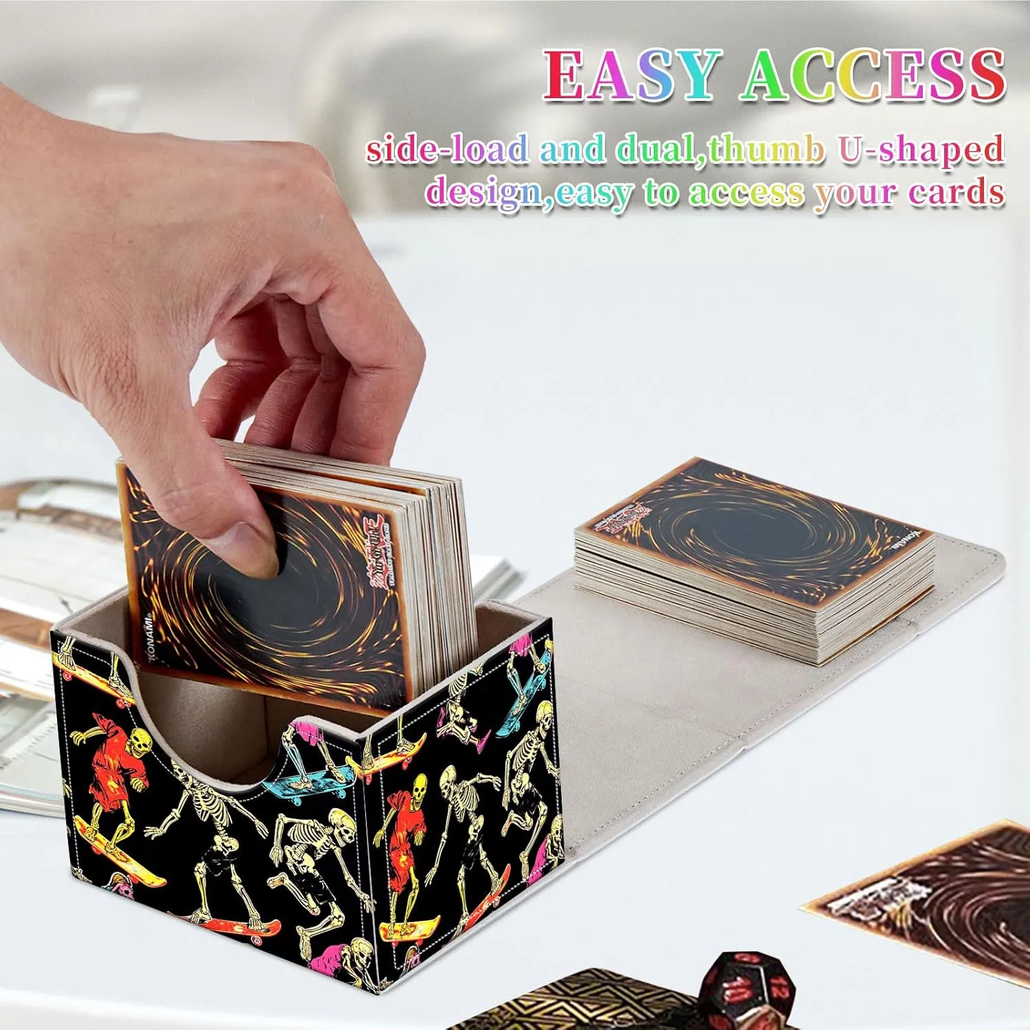 Card Deck Box for MTG, Fits 100  Single Sleeved Cards, PU Leather Trading Card Storage Box for TCG, CCG, MTG Cards, Strong Magnet Magic Gathering Deck Box, Skeleton Slide