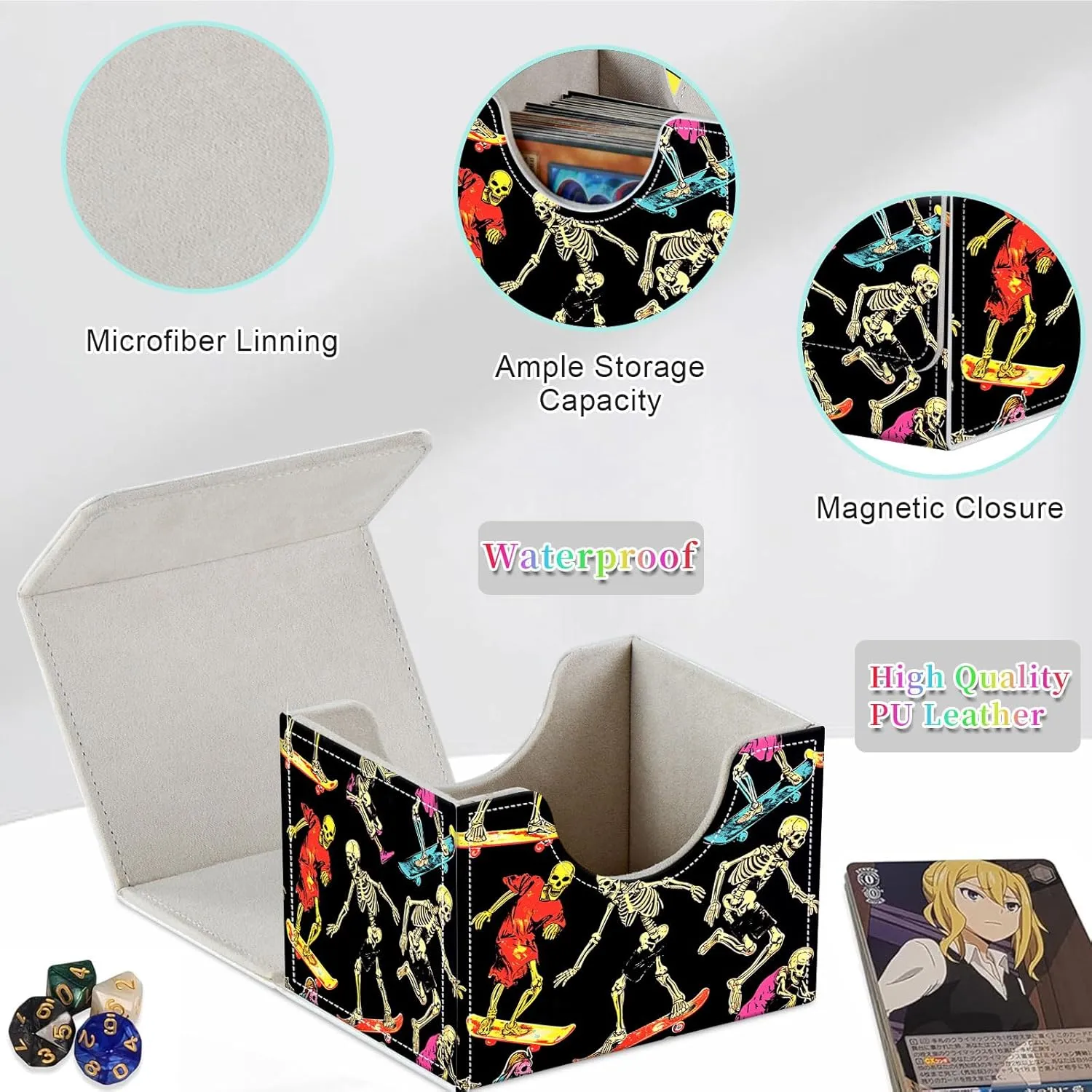 Card Deck Box for MTG, Fits 100  Single Sleeved Cards, PU Leather Trading Card Storage Box for TCG, CCG, MTG Cards, Strong Magnet Magic Gathering Deck Box, Skeleton Slide