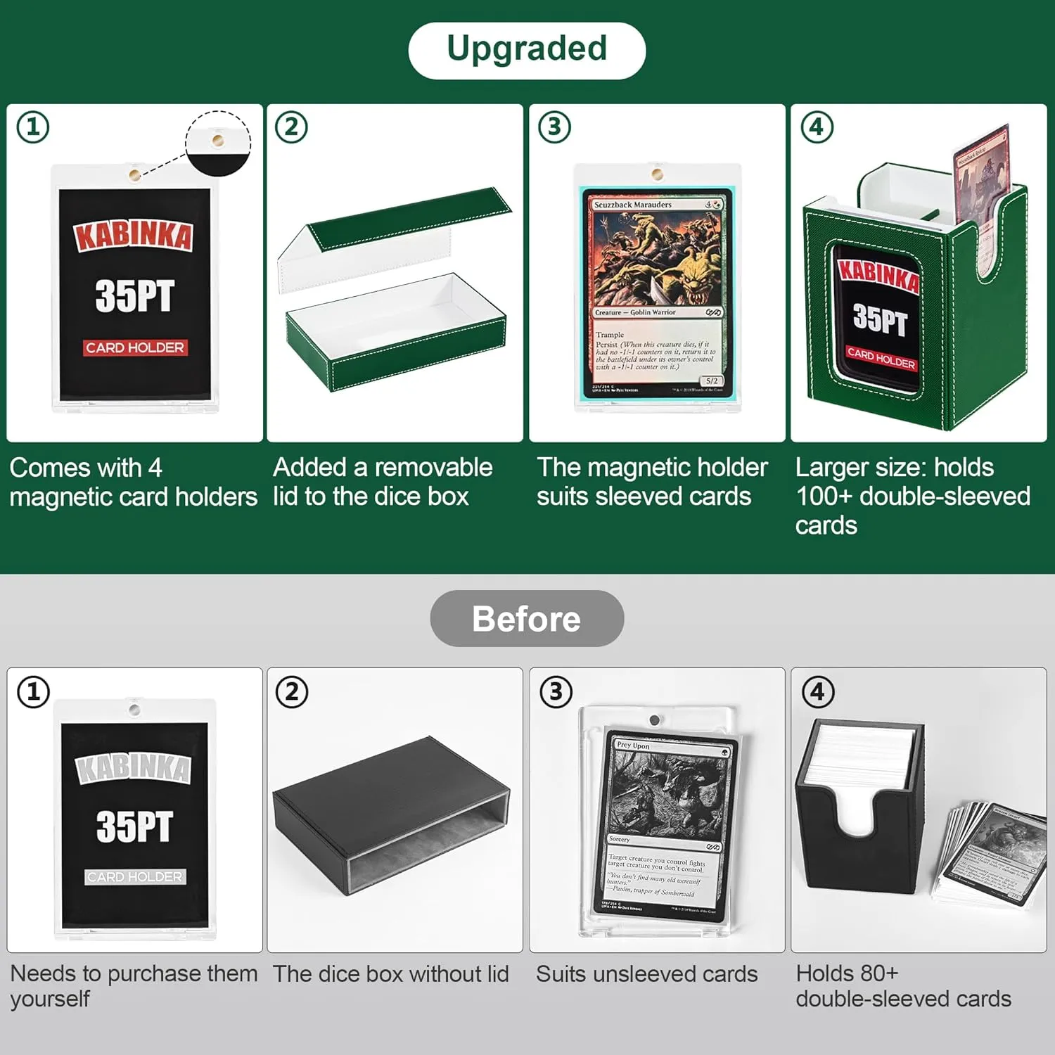Card Deck Box for MTG with Commander Display, 5 in 1 Card Storage Box Fits 400  Double-sleeved Cards, Removable Deck Case for TCG/Sports Cards with Dice Tray, 4 Magnetic Card Holders (Green White)