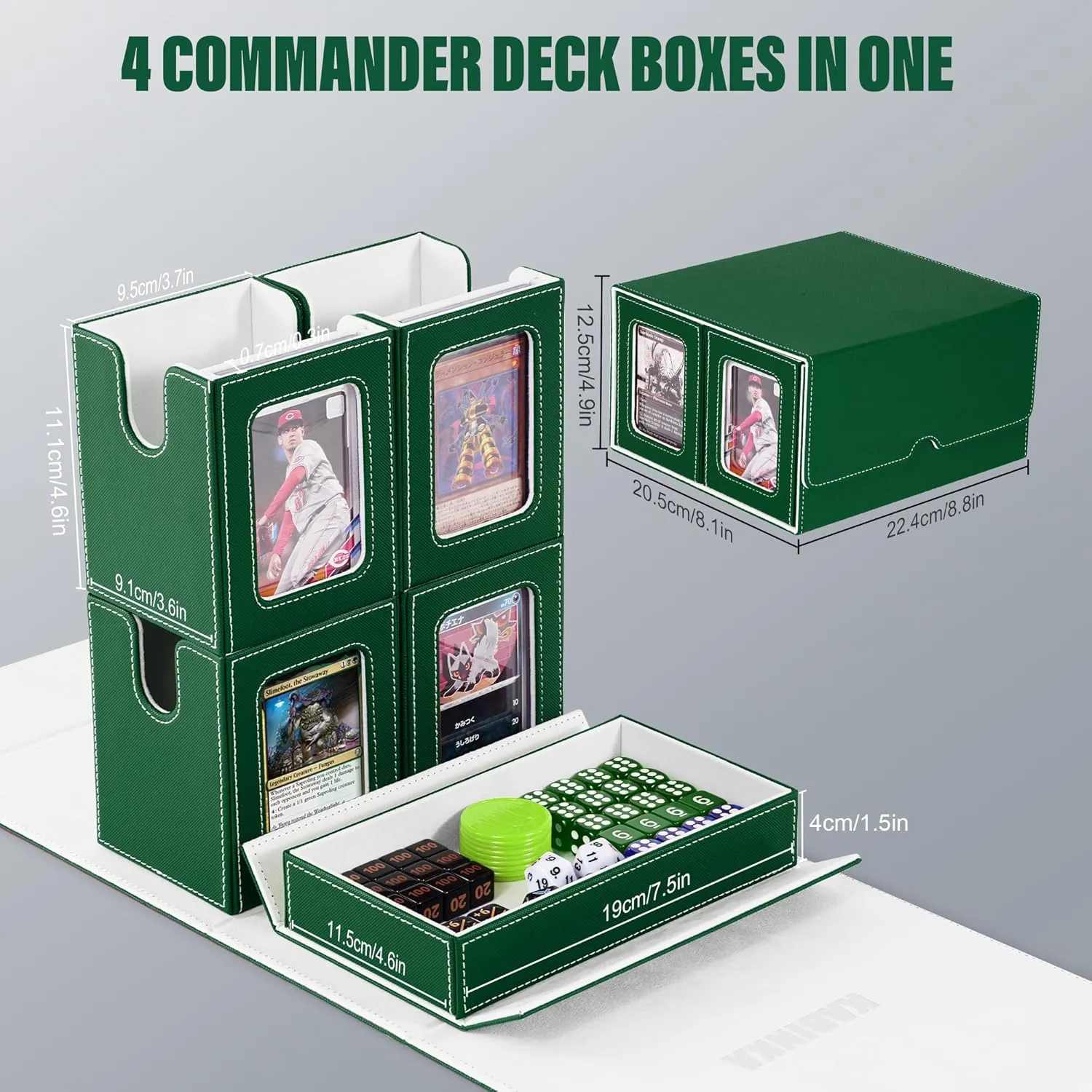 Card Deck Box for MTG with Commander Display, 5 in 1 Card Storage Box Fits 400  Double-sleeved Cards, Removable Deck Case for TCG/Sports Cards with Dice Tray, 4 Magnetic Card Holders (Green White)